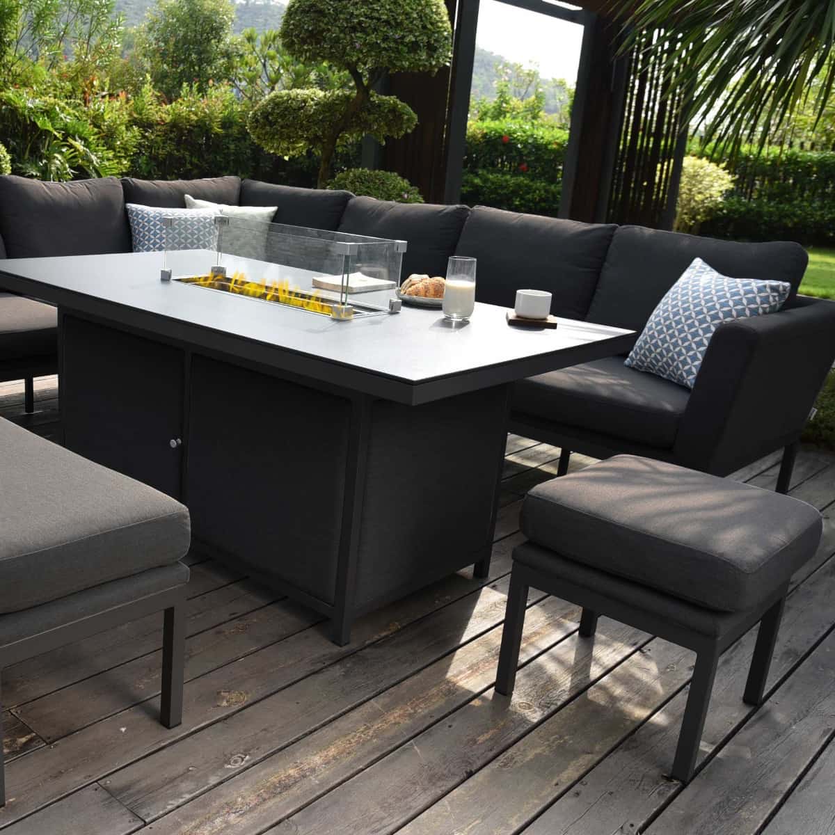 Fabric corner sofa dining set with rectangular fire pit table, bench and one stool #colour_charcoal