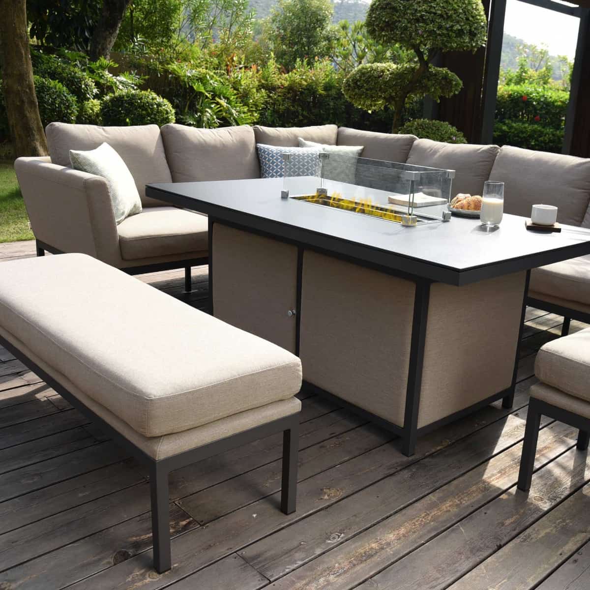 Fabric corner sofa dining set with rectangular fire pit table, bench and one stool #colour_taupe