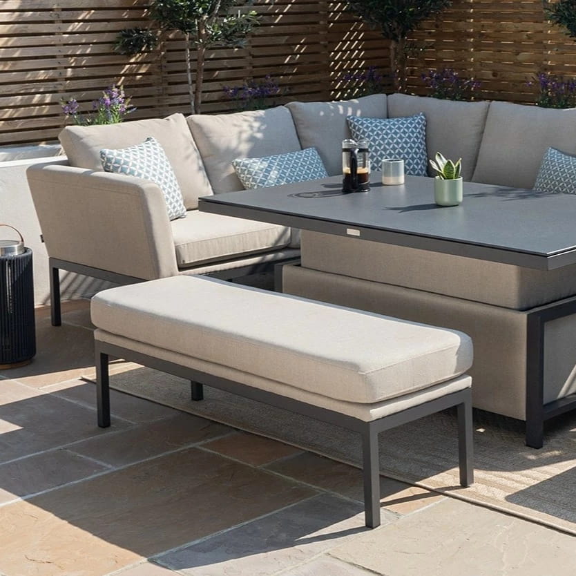 Fabric corner sofa dining set with rectangular rising table, one stool and bench #colour_oatmeal