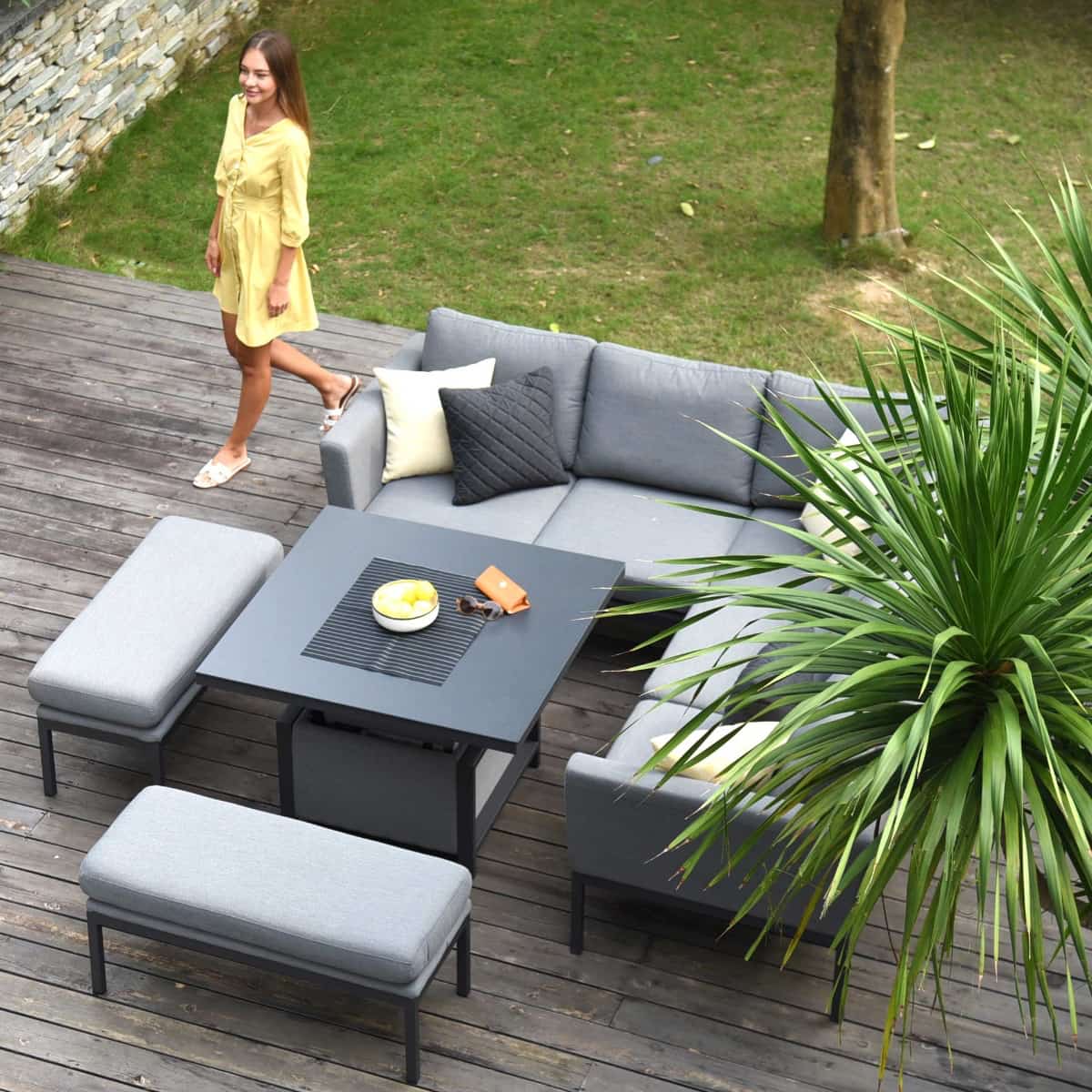 Fabric corner sofa dining set with two benches and a rising table #colour_flanelle