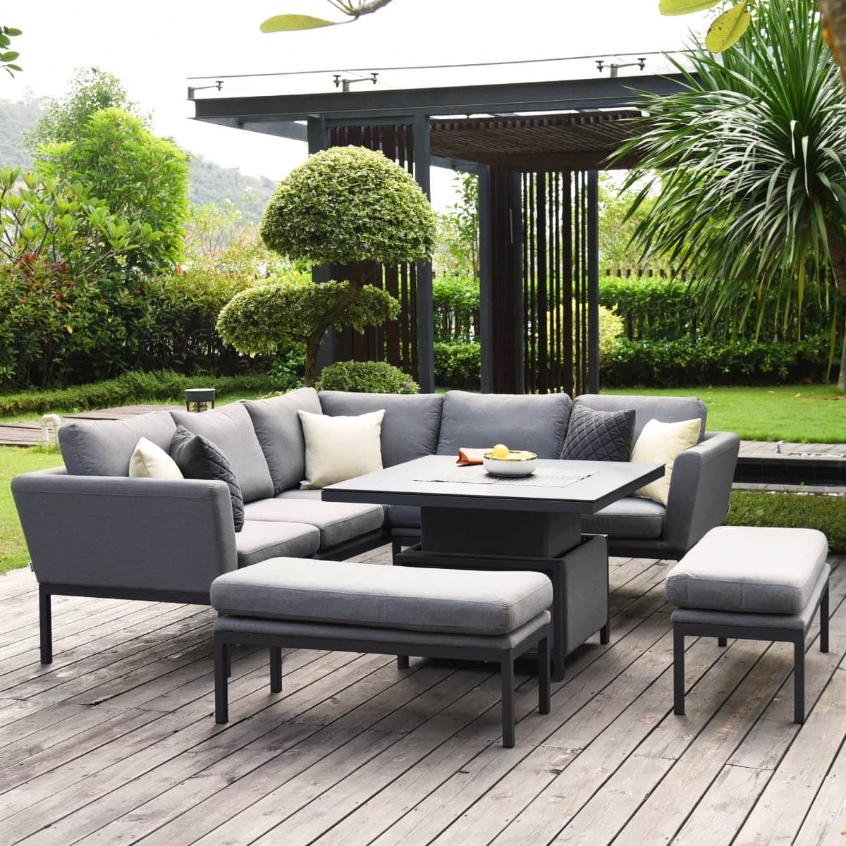 Fabric corner sofa dining set with two benches and a rising table #colour_flanelle