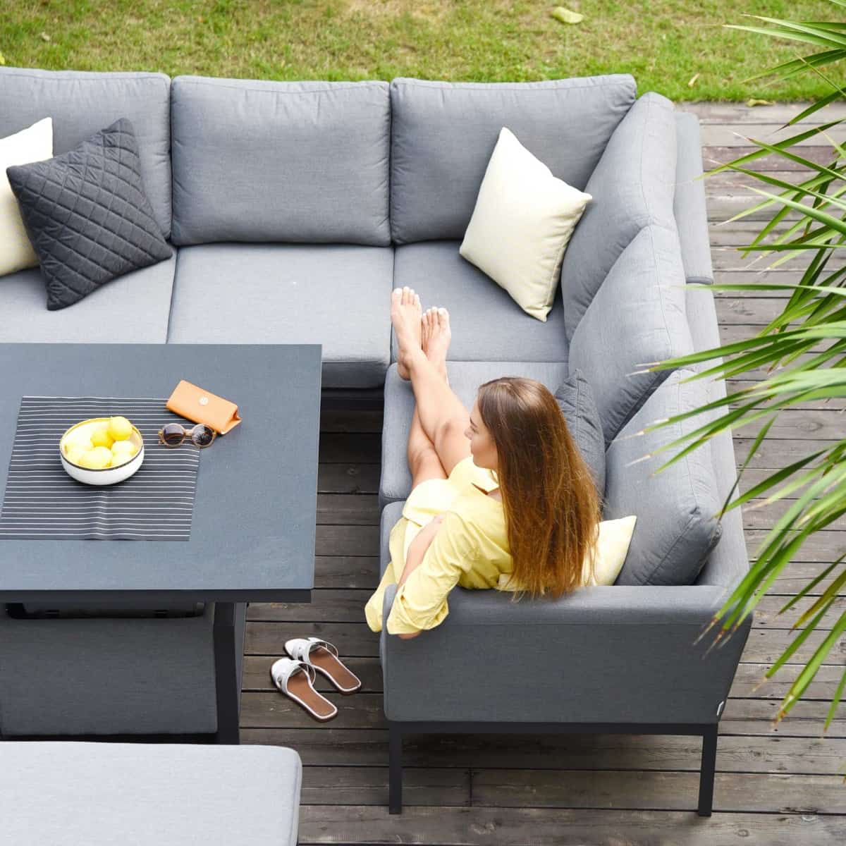 Fabric corner sofa dining set with two benches and a rising table #colour_flanelle