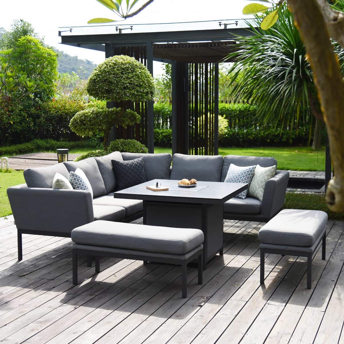 Fabric corner sofa dining set with square fire pit table #colour_flanelle