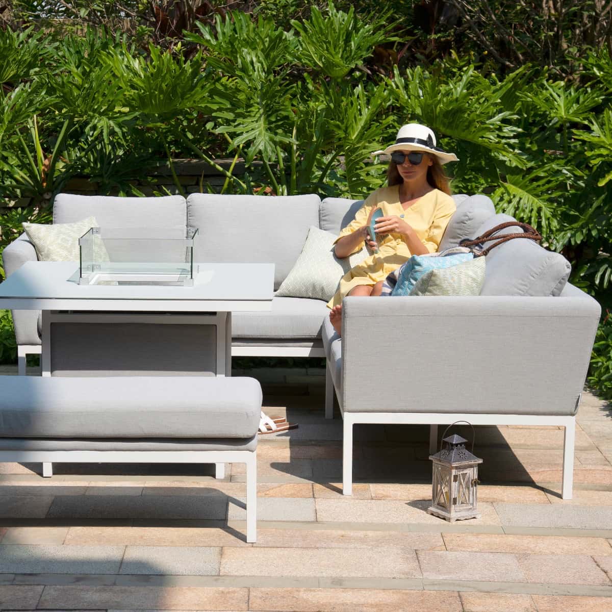 Fabric corner sofa dining set with square fire pit table #colour_lead chine