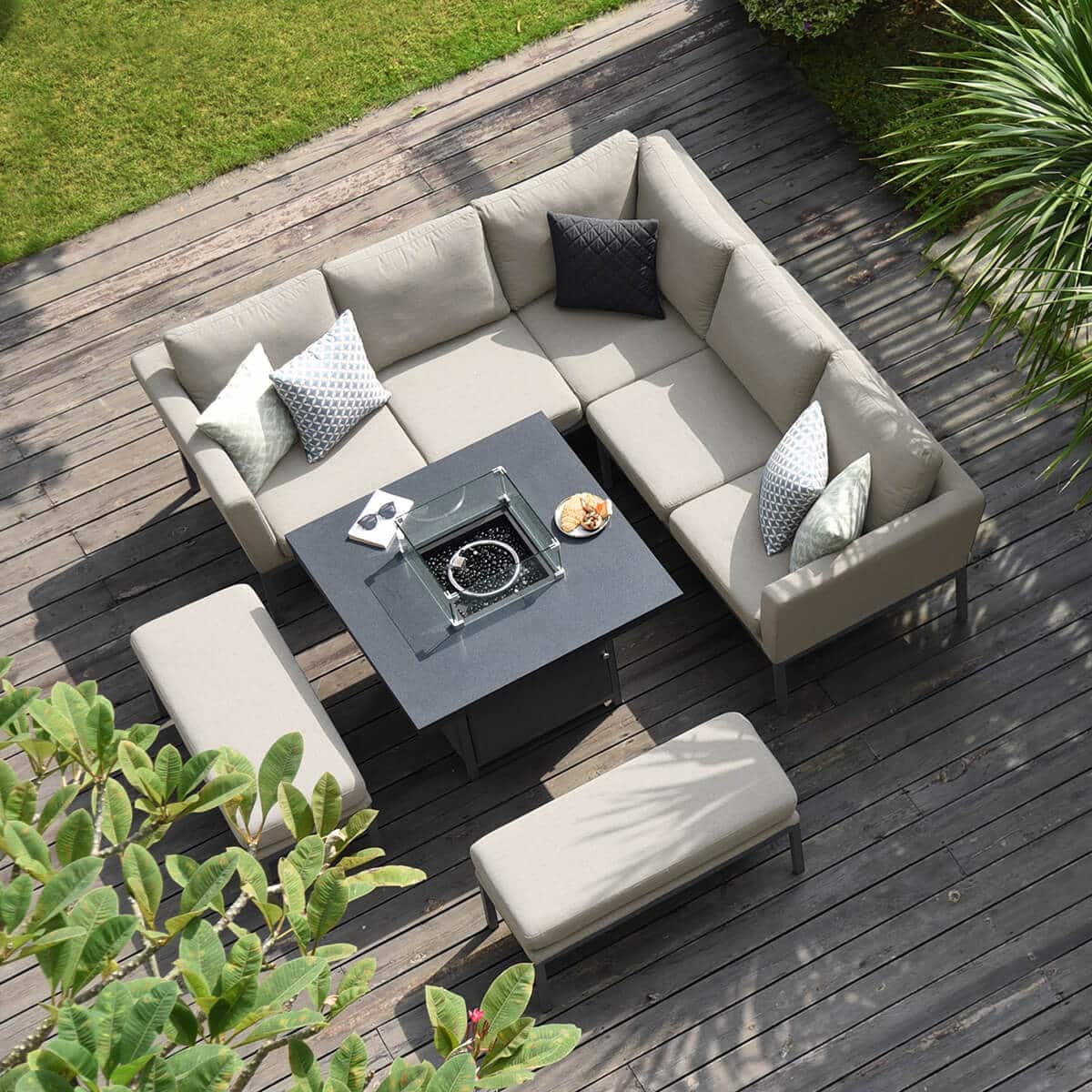 Fabric corner sofa dining set with square fire pit table #colour_oatmeal