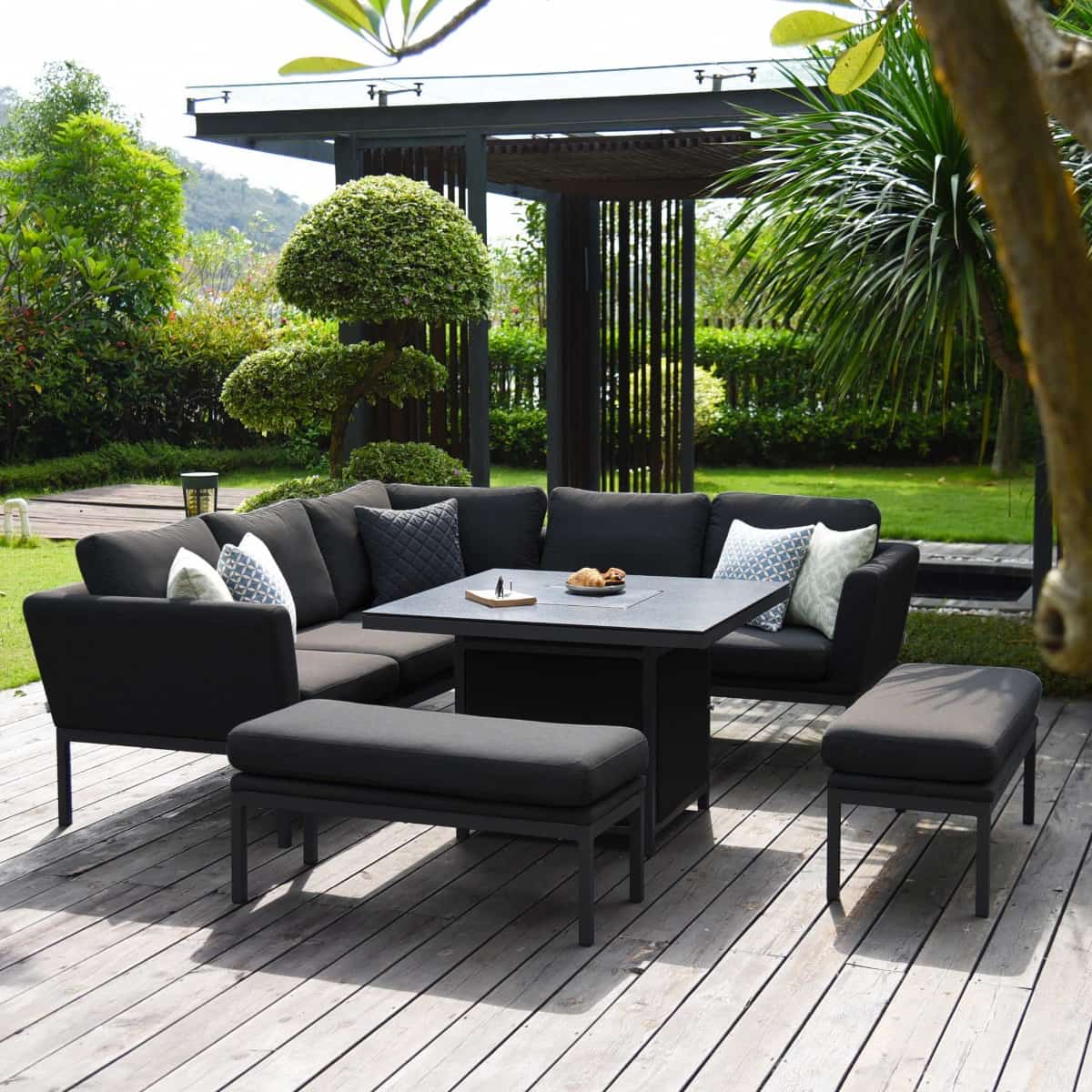 Fabric corner sofa dining set with square fire pit table #colour_charcoal