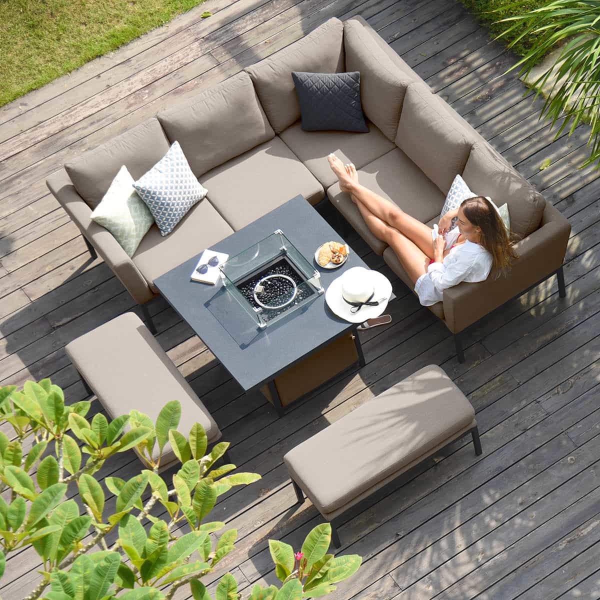 Fabric corner sofa dining set with square fire pit table #colour_taupe