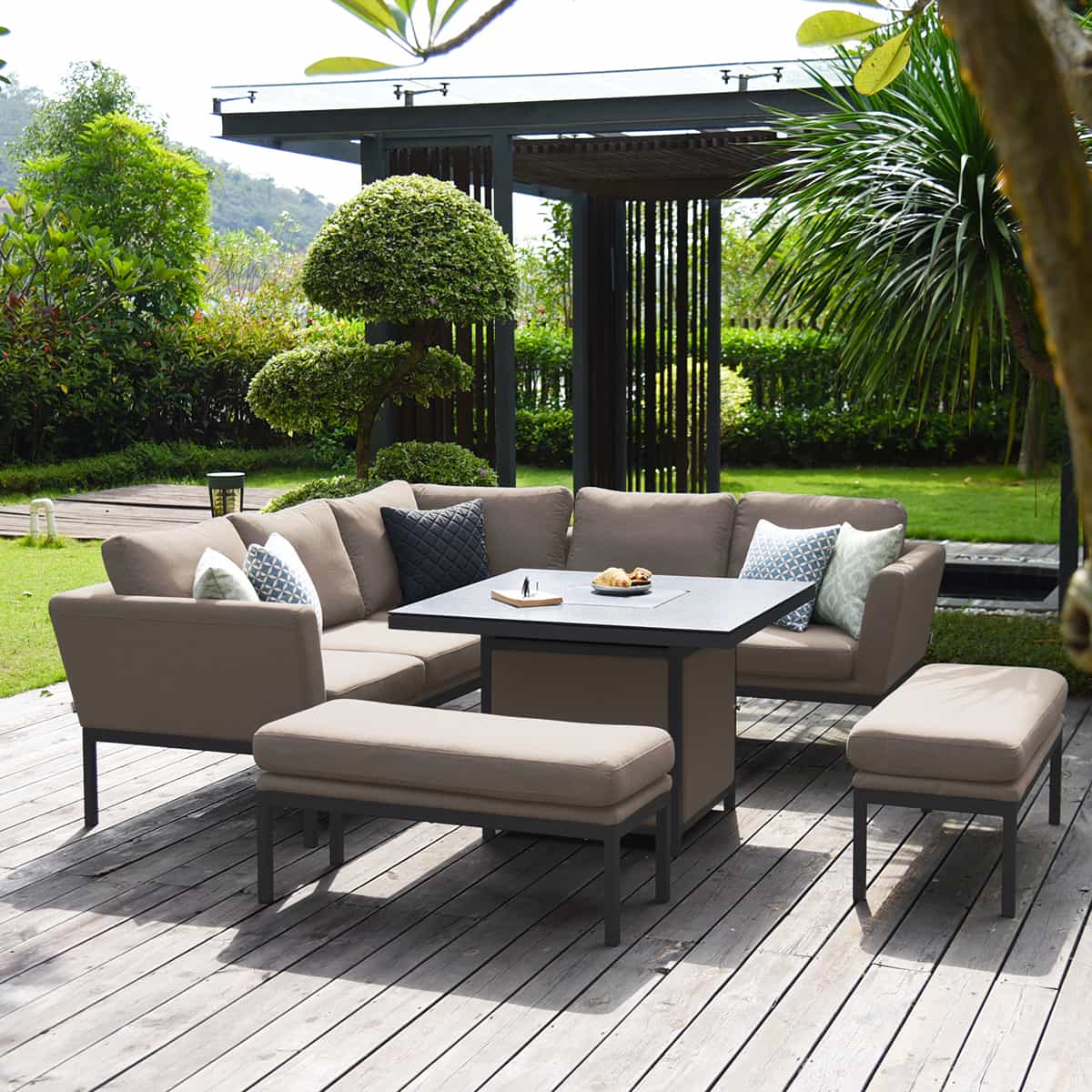Fabric corner sofa dining set with square fire pit table #colour_taupe