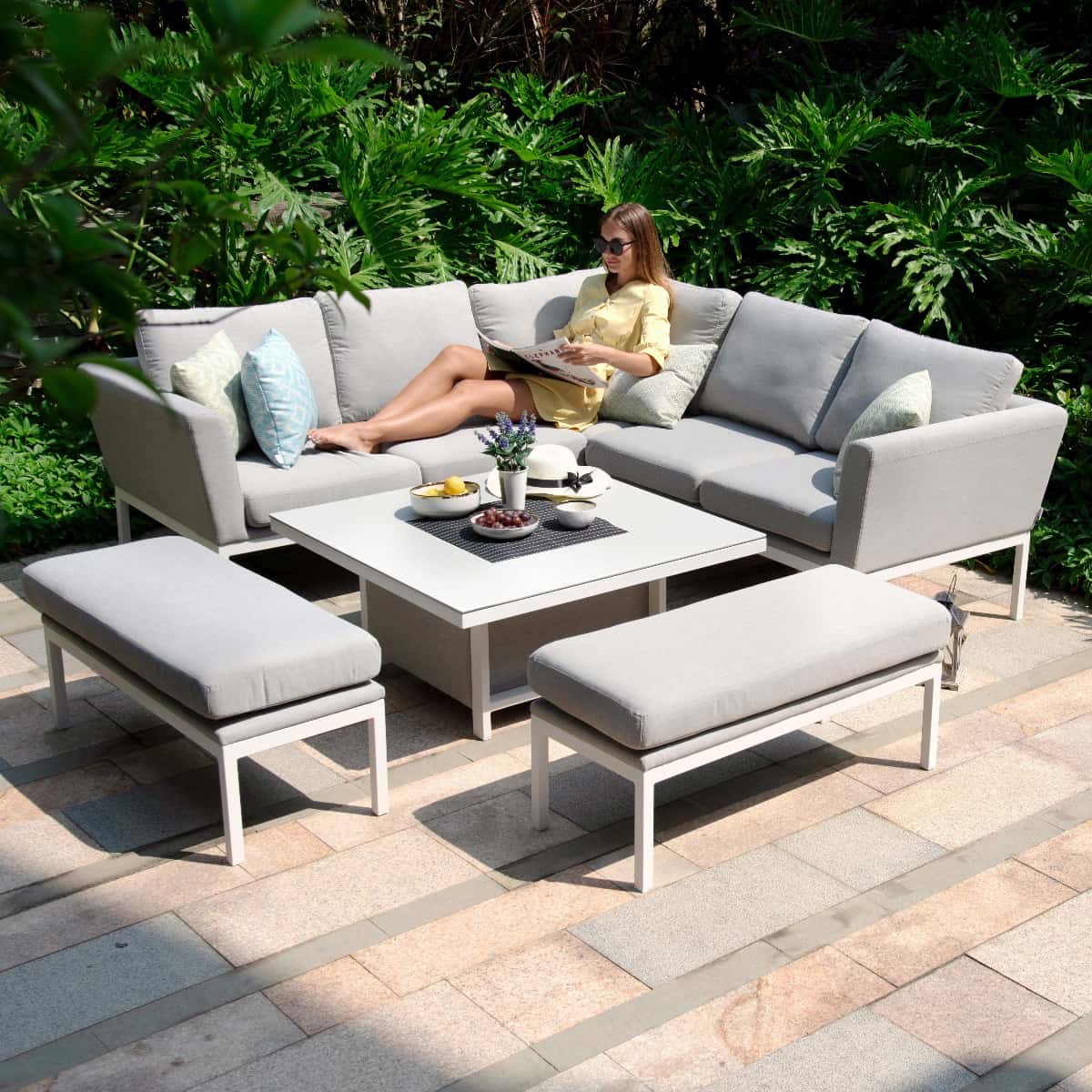 Fabric corner sofa dining set with two benches and a rising table #colour_lead chine