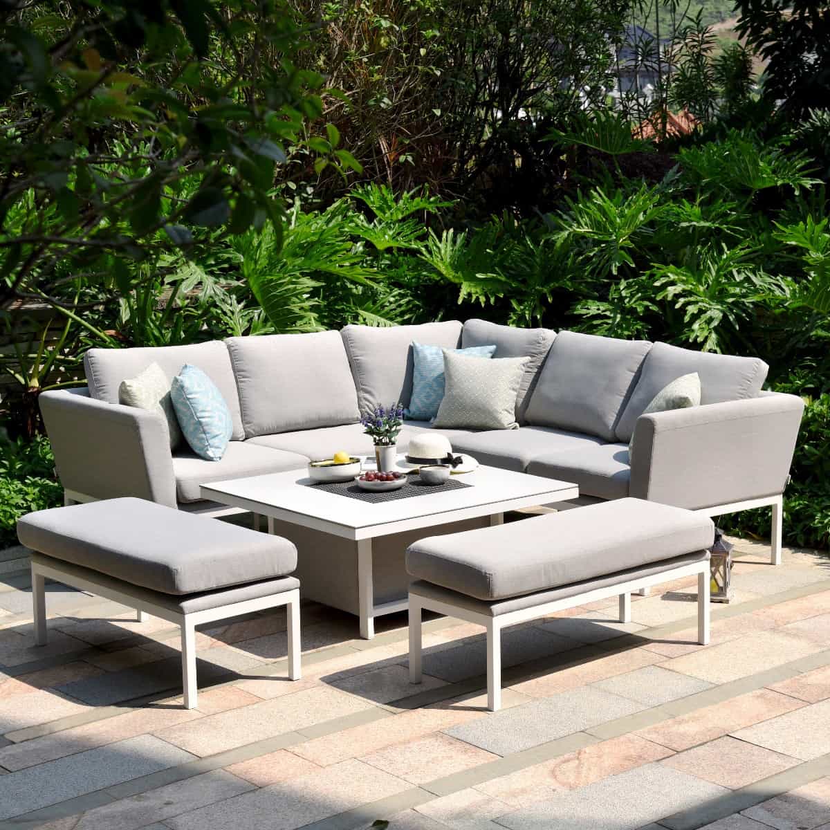 Fabric corner sofa dining set with two benches and a rising table #colour_lead chine