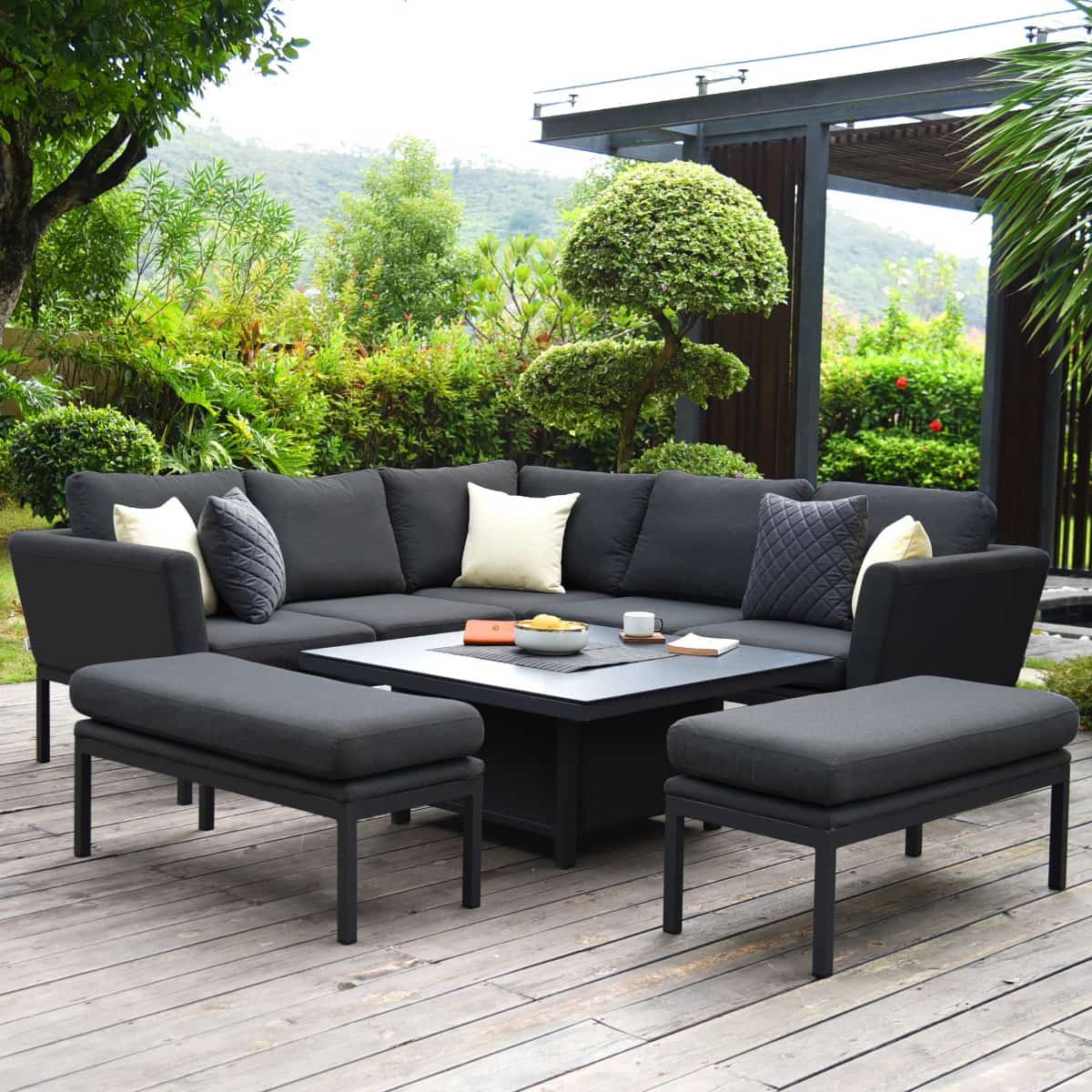 Fabric corner sofa dining set with two benches and a rising table #colour_charcoal