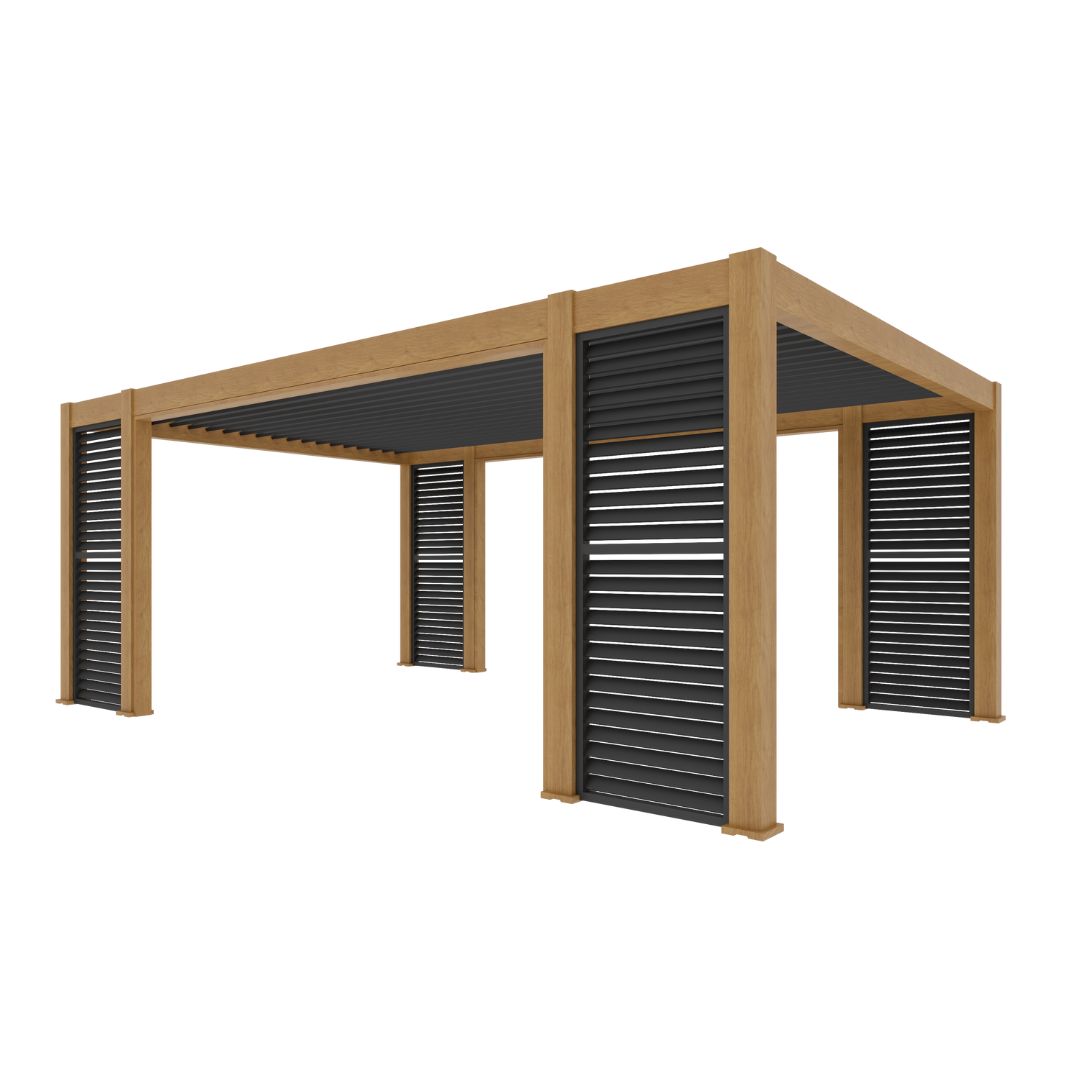 3m x 6m aluminium pergola in light oak wood effect with grey louvred roof