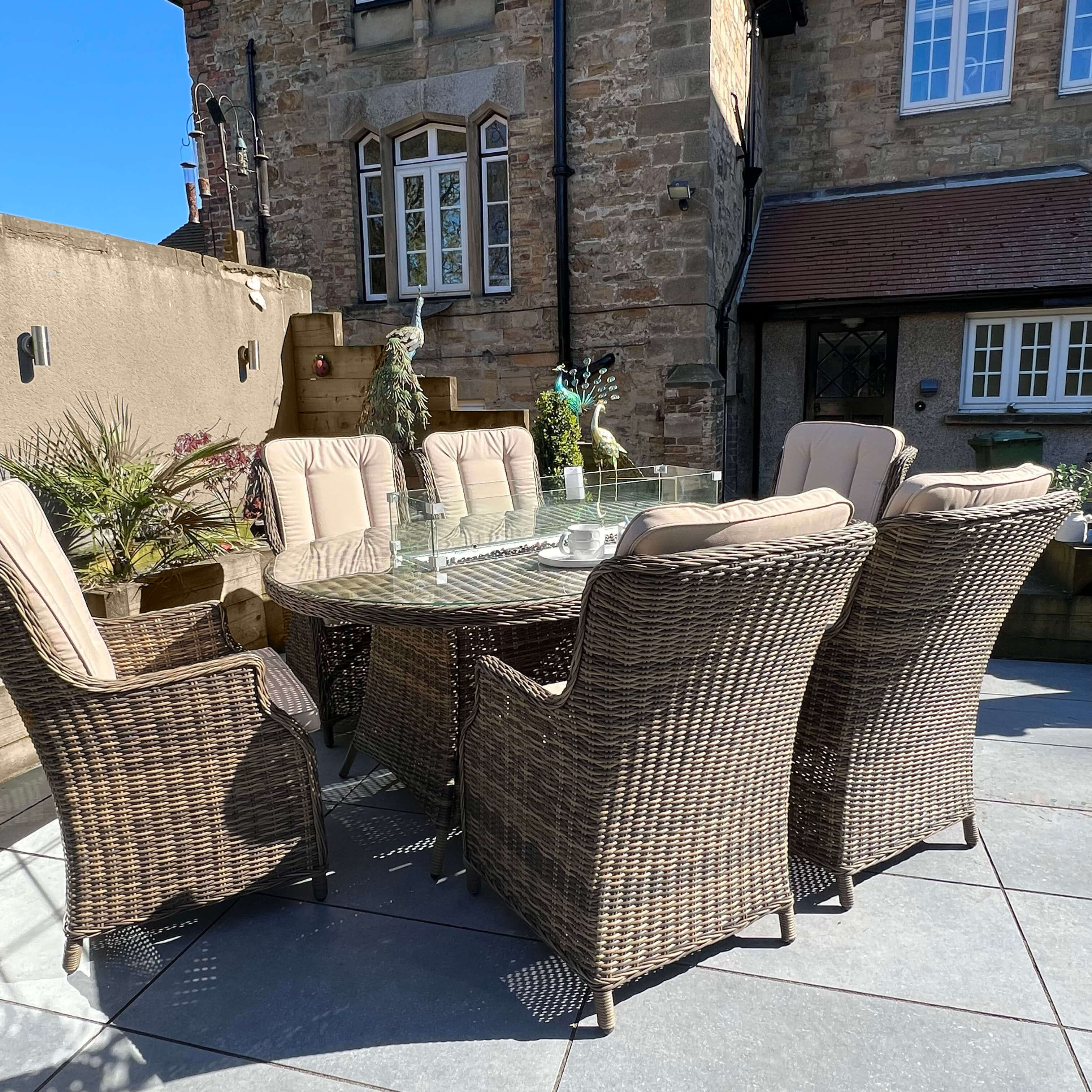 6 Seater Rattan Oval Firepit Dining Set