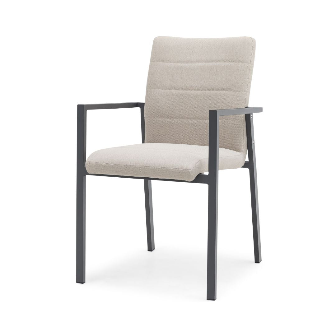 Pair of Beige Oatmeal Outdoor Fabric Dining Chairs with a Grey Powder Coated Aluminium Frame #colour_oatmeal
