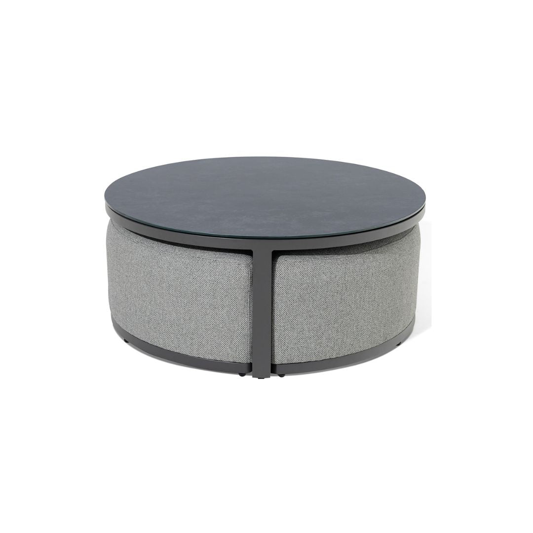 Zinc Grey Outdoor Fabric and Grey Powder Coated Aluminium Frame Large Corner Sofa Set with a Round Coffee Table and 3 Footstools #colour_zinc grey