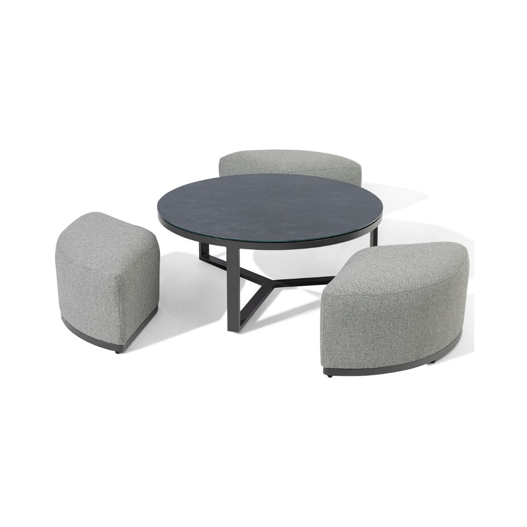 Zinc Grey Outdoor Fabric and Grey Powder Coated Aluminium Frame Large Corner Sofa Set with a Round Coffee Table and 3 Footstools #colour_zinc grey