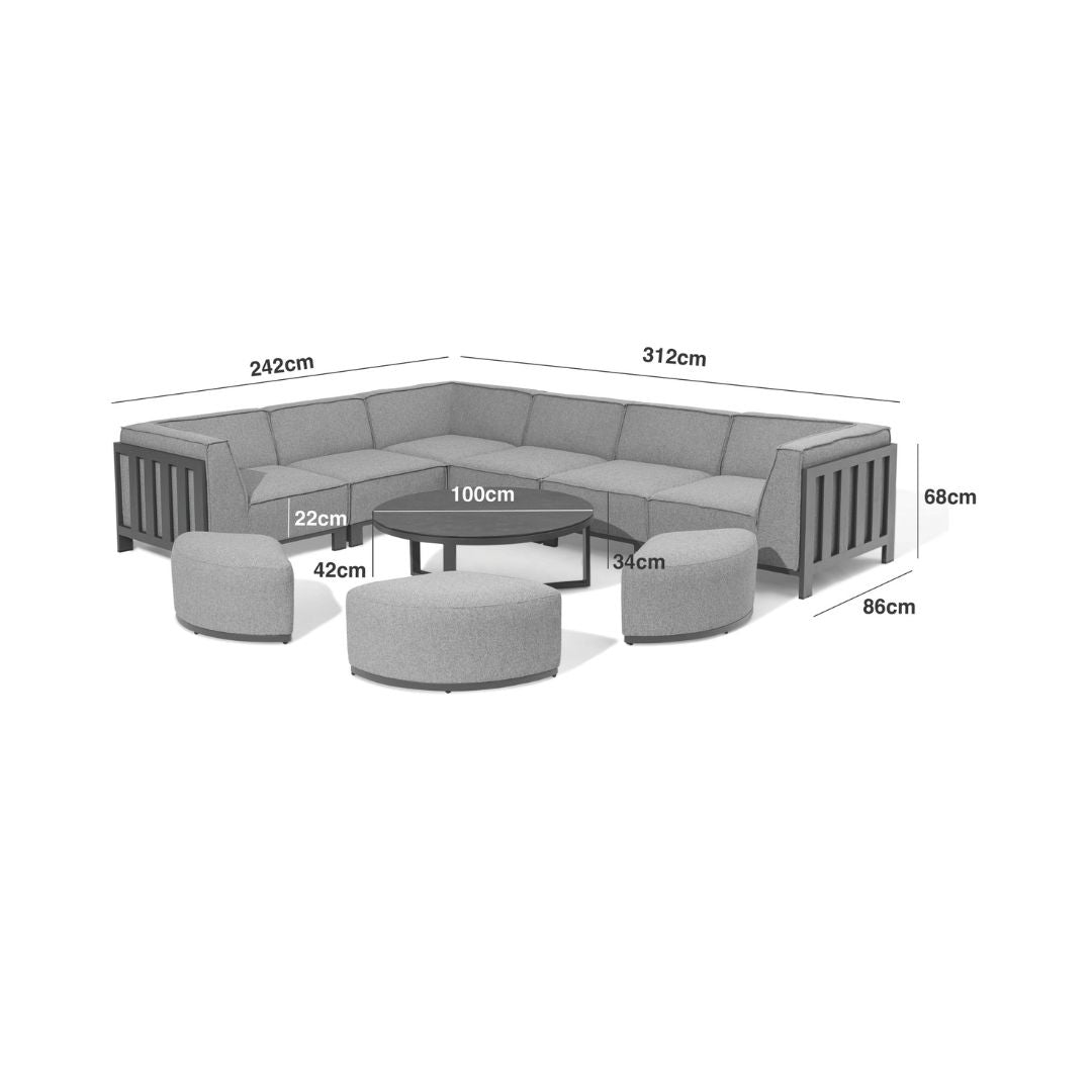 Dimension of an Outdoor Fabric and Powder Coated Aluminium Frame Medium Corner Sofa Set with a Round Coffee Table and 3 Footstools