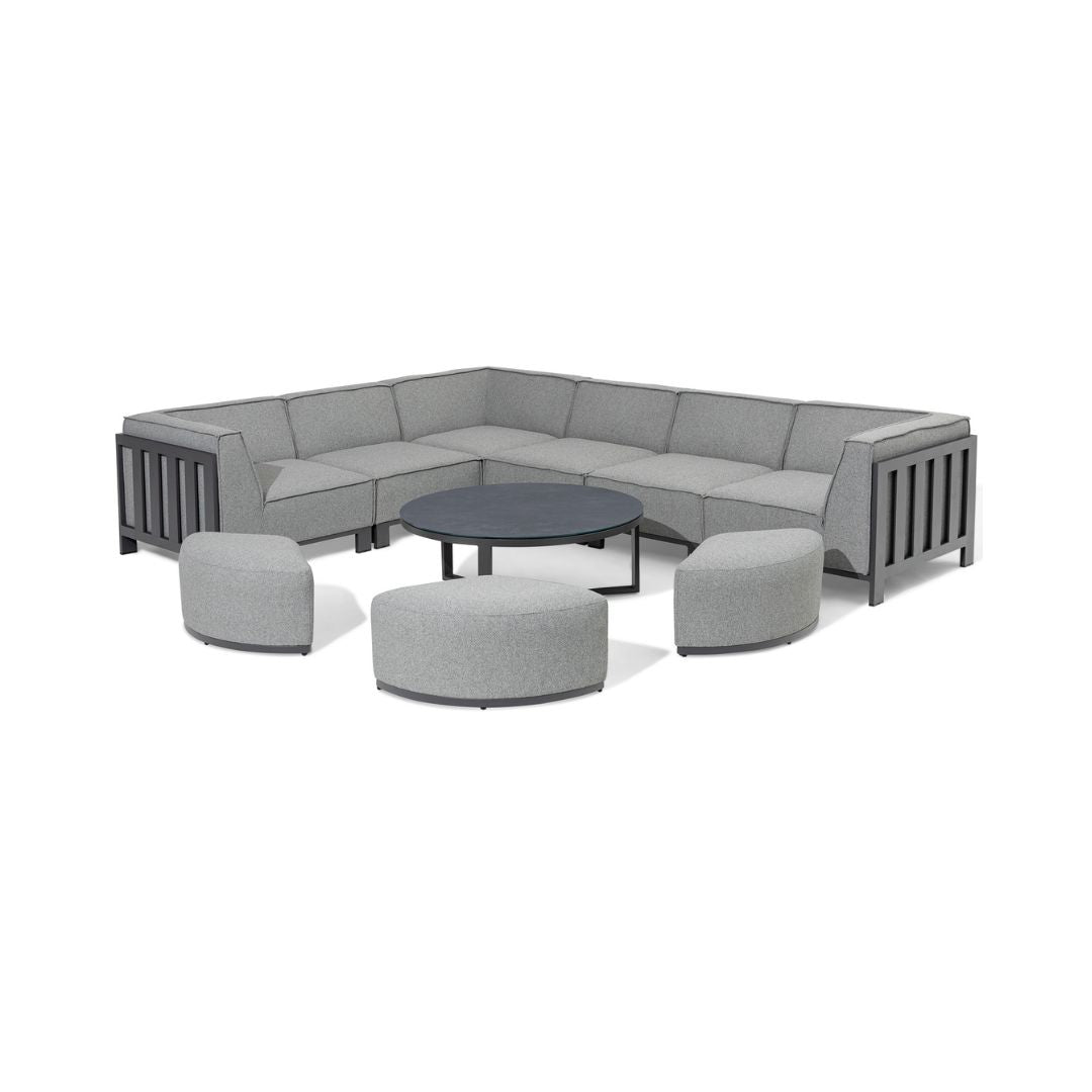 Zinc Grey Outdoor Fabric and Grey Powder Coated Aluminium Frame Medium Corner Sofa Set with a Round Coffee Table and 3 Footstools #colour_zinc grey