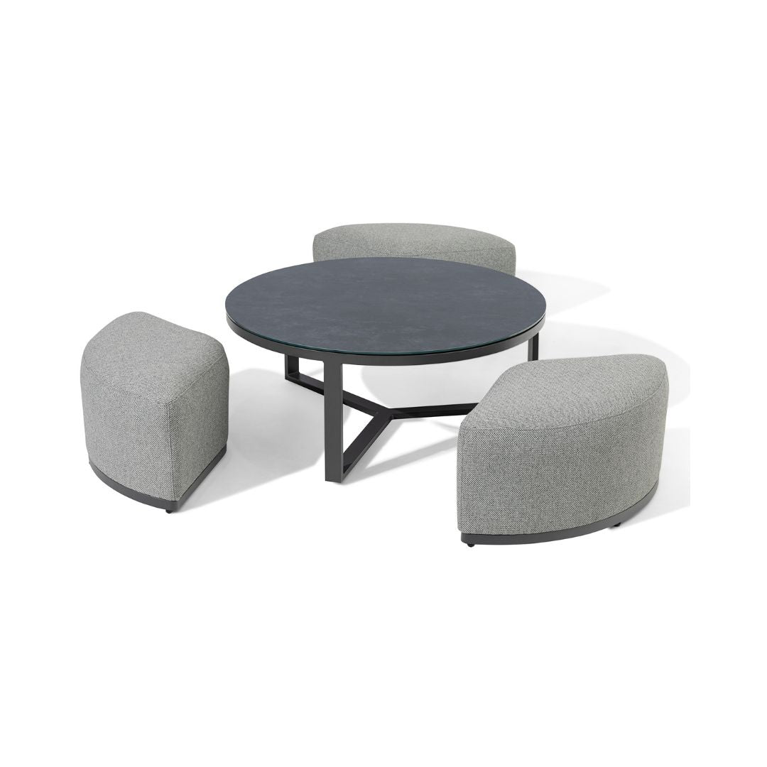 Zinc Grey Outdoor Fabric and Grey Powder Coated Aluminium Frame Medium Corner Sofa Set with a Round Coffee Table and 3 Footstools #colour_zinc grey