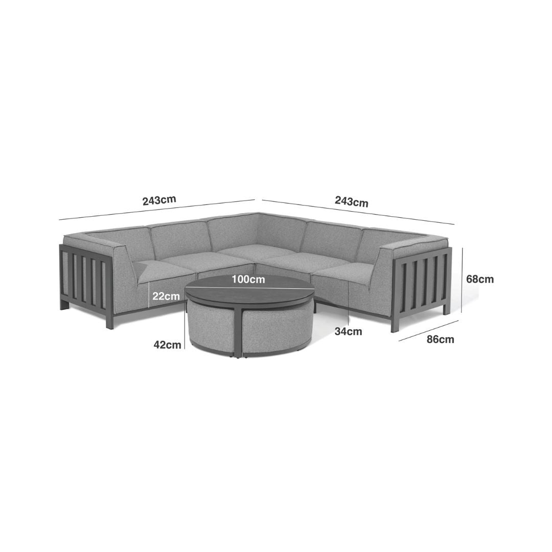 Dimension Footprint of an Outdoor Fabric and Powder Coated Aluminium Frame Small Corner Sofa Set with a Round Coffee Table and 3 Footstools
