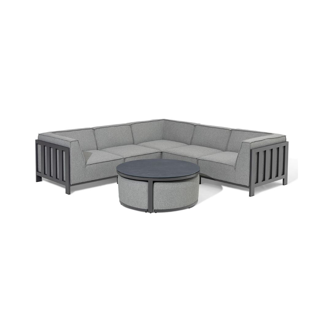 Zinc Grey Outdoor Fabric and Grey Powder Coated Aluminium Frame Small Corner Sofa Set with a Round Coffee Table and 3 Footstools #colour_zinc grey