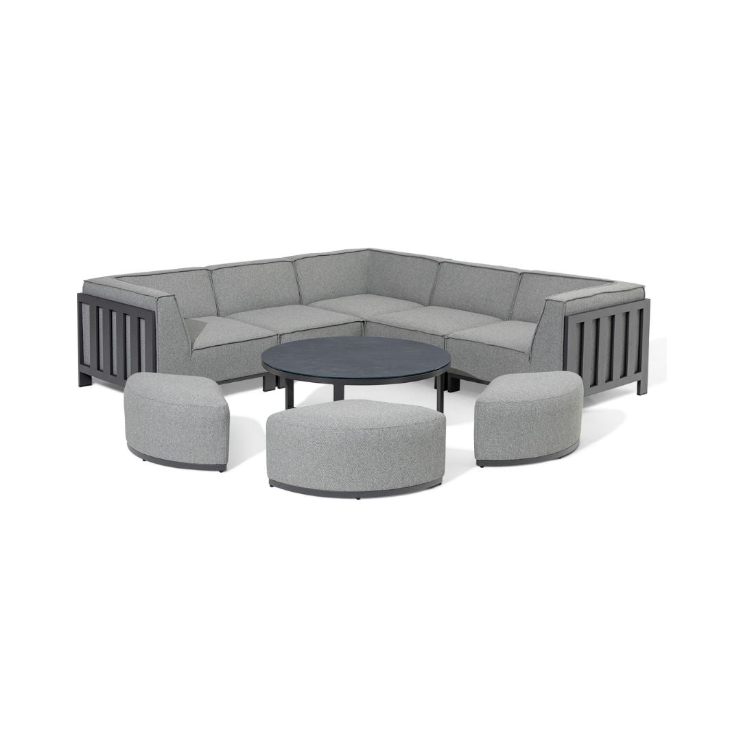 Zinc Grey Outdoor Fabric and Grey Powder Coated Aluminium Frame Small Corner Sofa Set with a Round Coffee Table and 3 Footstools #colour_zinc grey