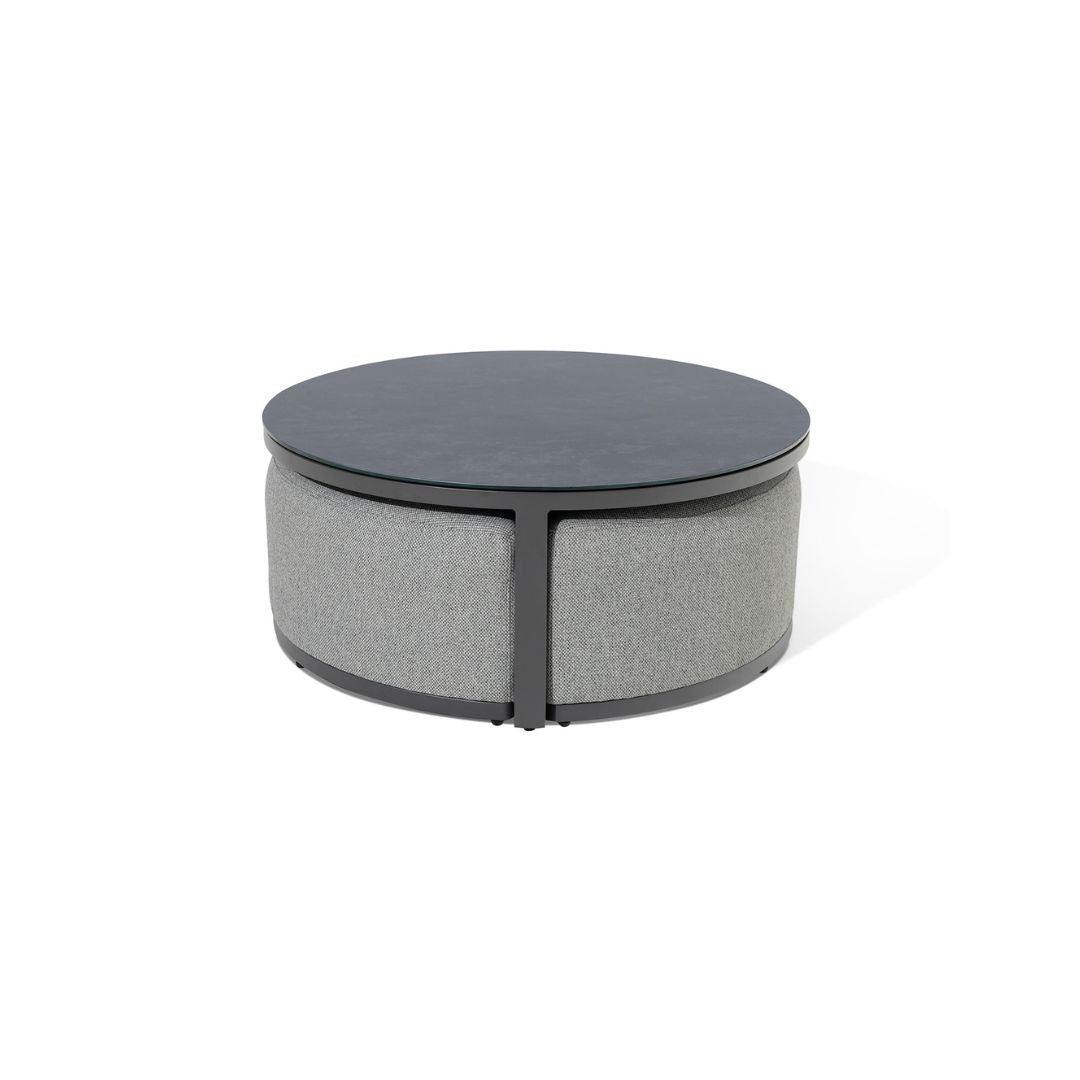 Zinc Grey Outdoor Fabric and Grey Powder Coated Aluminium Frame Small Corner Sofa Set with a Round Coffee Table and 3 Footstools #colour_zinc grey