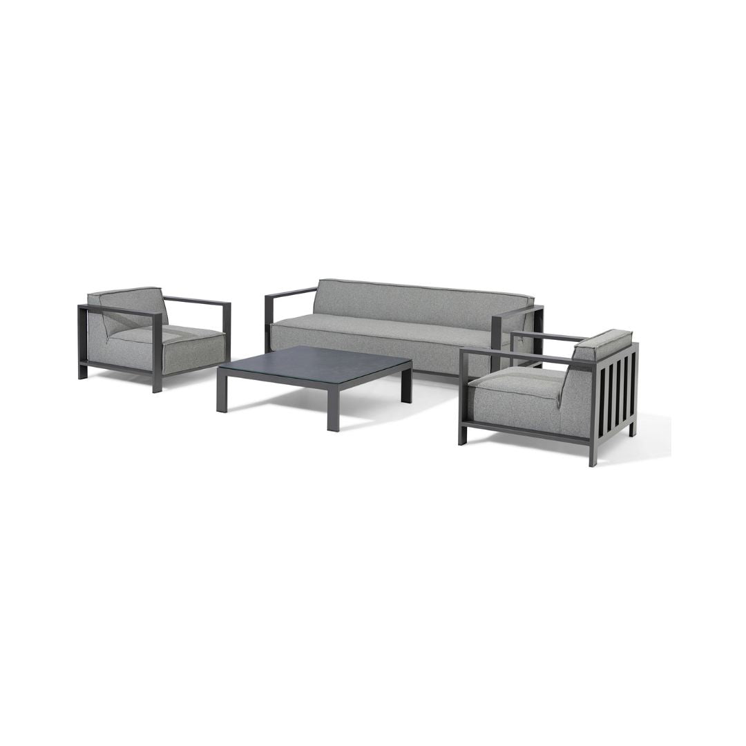 Zinc Grey Outdoor Fabric and Grey Powder Coated Aluminium Frame 3 Seat Sofa Set with 2 Armchairs and a Matching Square Coffee Table