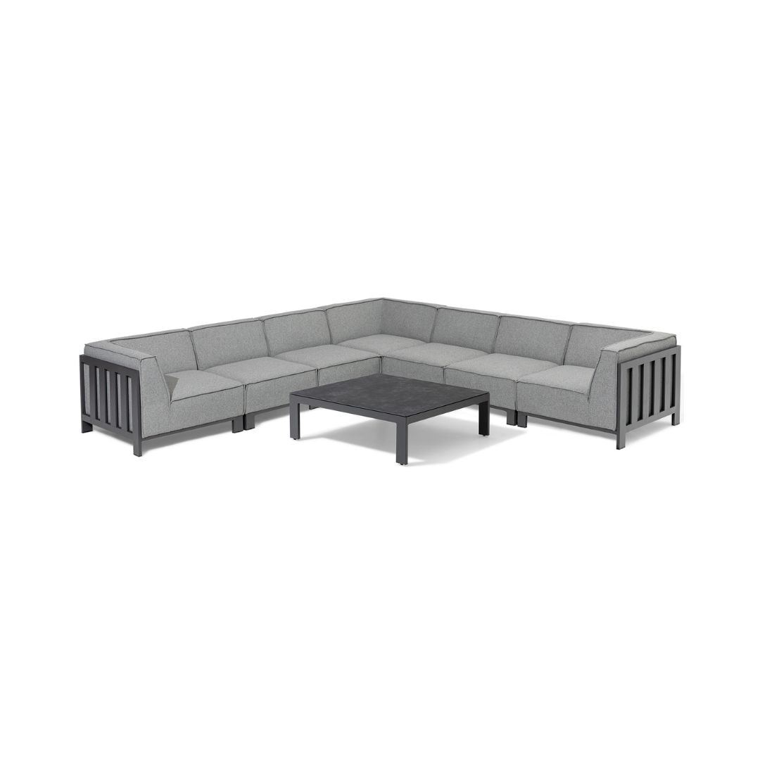 Zinc Grey Outdoor Fabric Large Corner Sofa Set with a Grey Powder Coated Aluminium Frame and a Matching Square Coffee Table