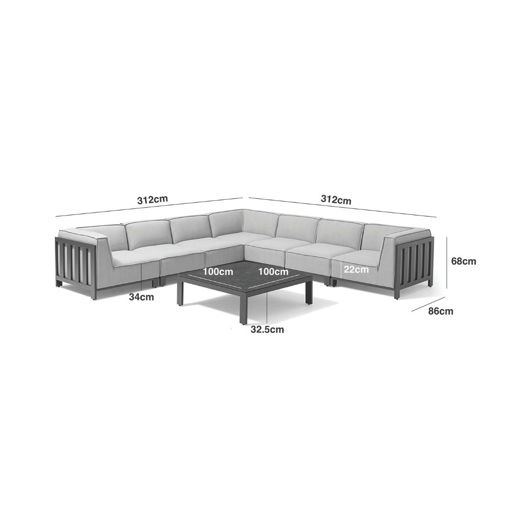 Dimension Footprint of an Outdoor Fabric Large Corner Sofa Set with a Powder Coated Aluminium Frame and a Matching Square Coffee Table