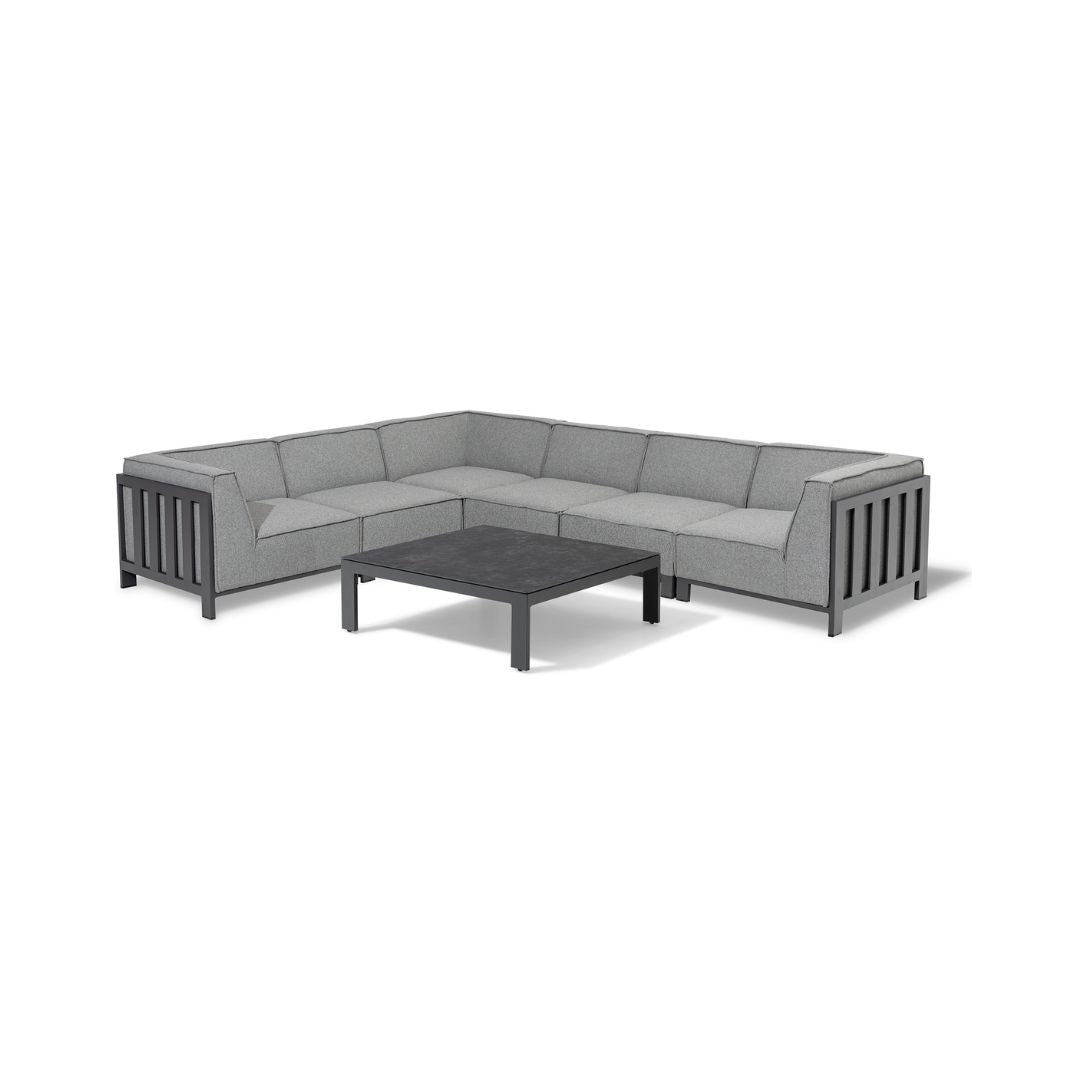 Zinc Grey Outdoor Fabric and Grey Powder Coated Aluminium Frame Medium Corner Sofa Set with a Matching Square Coffee Table