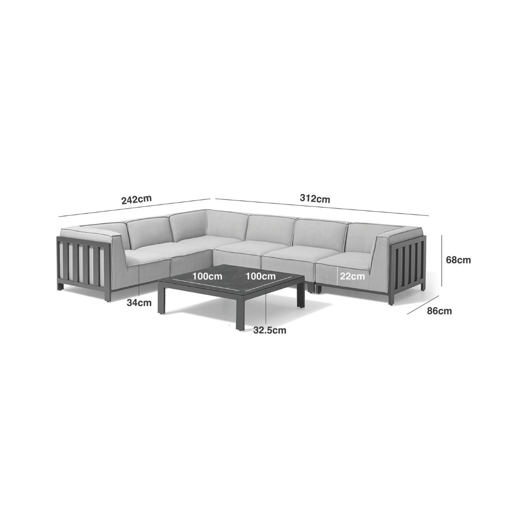 Dimension Footprint of an Outdoor Fabric and Powder Coated Aluminium Frame Medium Corner Sofa Set with a Matching Square Coffee Table