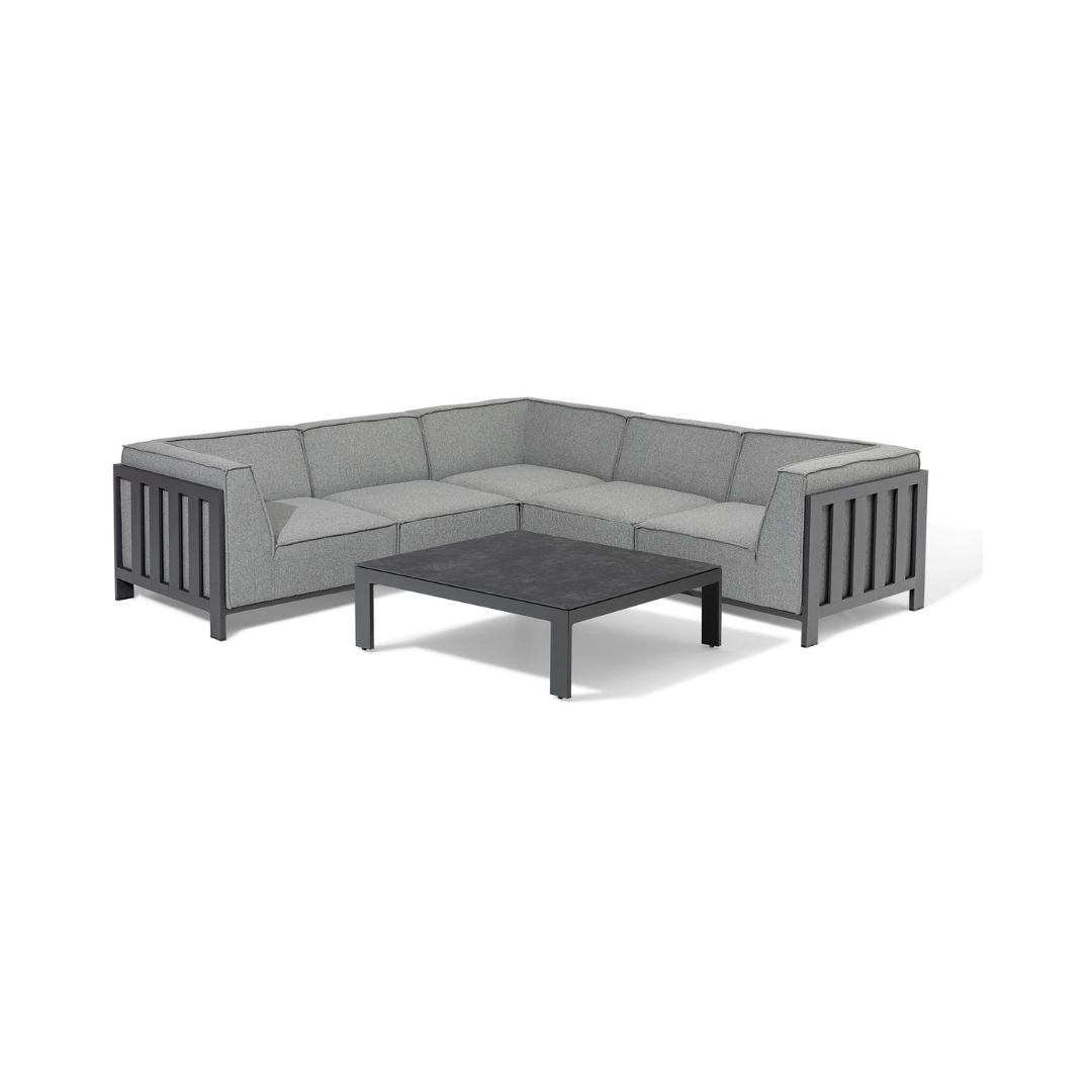 Zinc Grey Outdoor Fabric and Grey Powder Coated Aluminium Frame Small Corner Sofa Set with a Matching Square Coffee Table