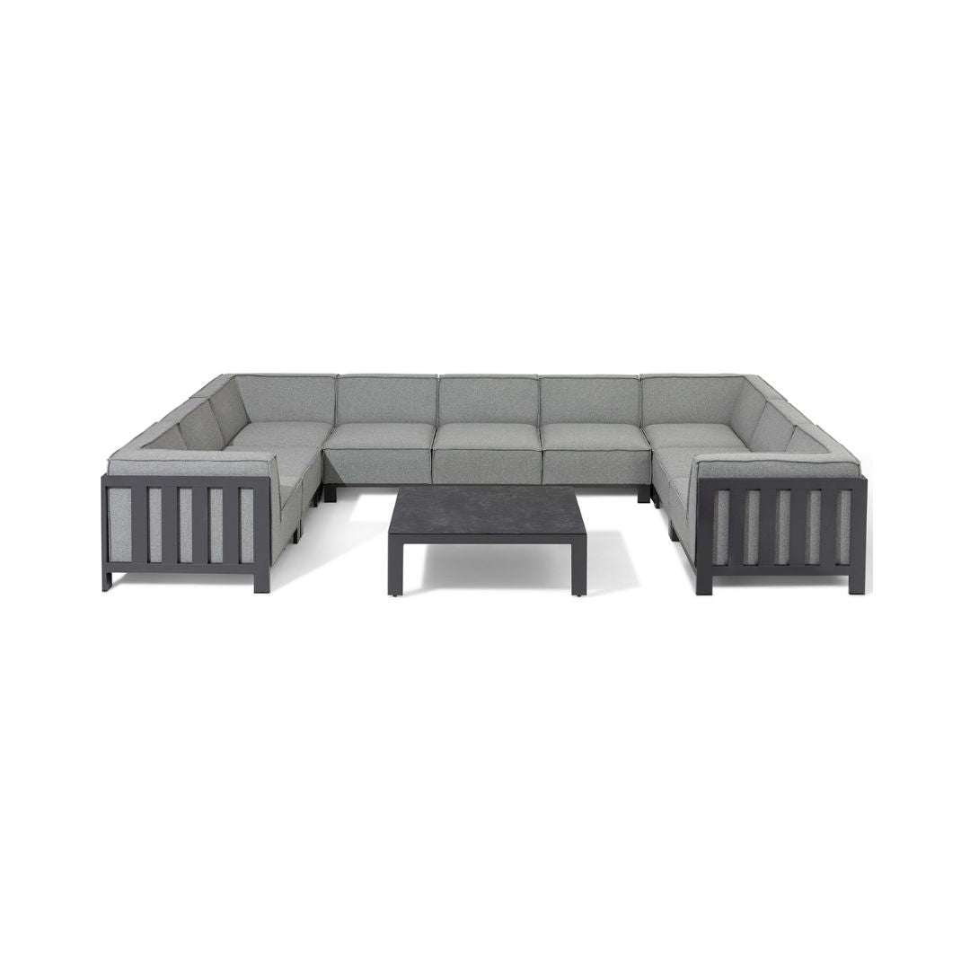 Zinc Grey Outdoor Fabric and Grey Powder Coated Aluminium Frame U Shape Sofa Set with a Matching Square Coffee Table