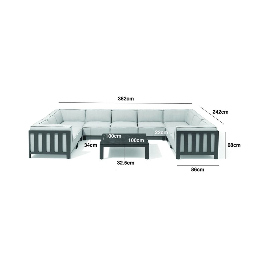 Dimension Footprint of an Outdoor Fabric and Powder Coated Aluminium Frame U Shape Sofa Set with a Matching Square Coffee Table
