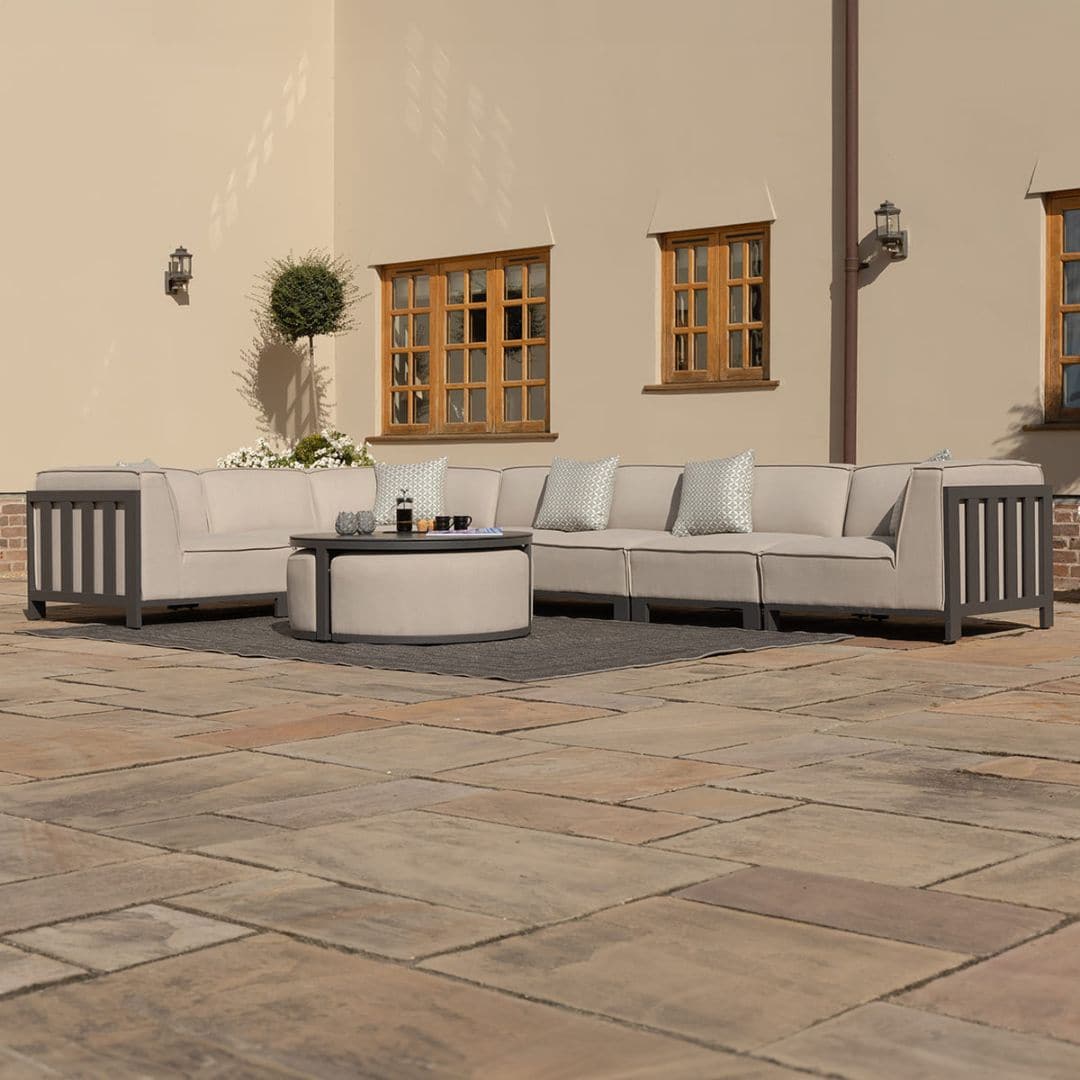 Beige Oatmeal Outdoor Fabric and Grey Powder Coated Aluminium Frame Large Corner Sofa Set with a Round Coffee Table and 3 Footstools #colour_oatmeal