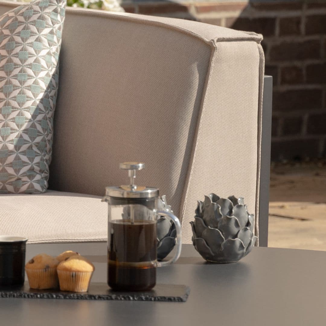 Beige Oatmeal Outdoor Fabric and Grey Powder Coated Aluminium Frame Medium Corner Sofa Set with a Round Coffee Table and 3 Footstools #colour_oatmeal