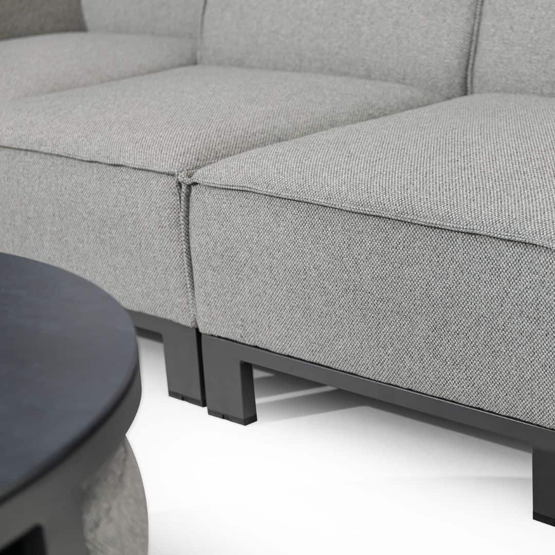 Zinc Grey Outdoor Fabric and Grey Powder Coated Aluminium Frame Medium Corner Sofa Set with a Round Coffee Table and 3 Footstools #colour_zinc grey