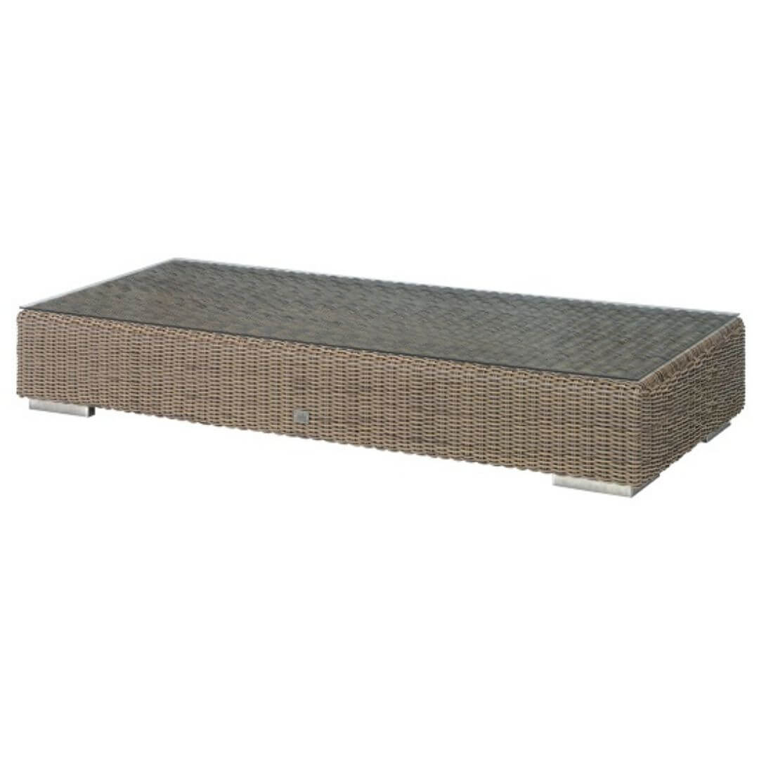 Beige rattan wicker coffee table.