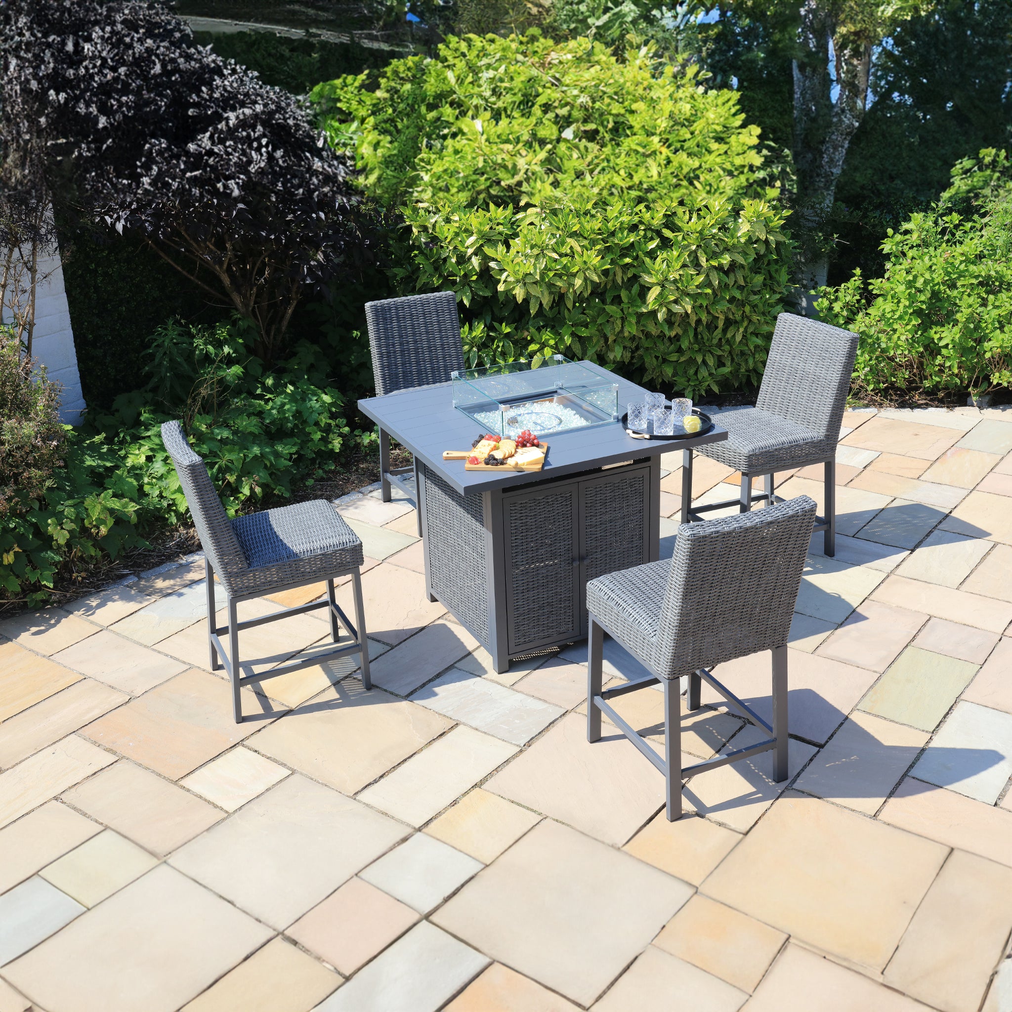 Brown Rattan 4 Seat Firepit Bar Set