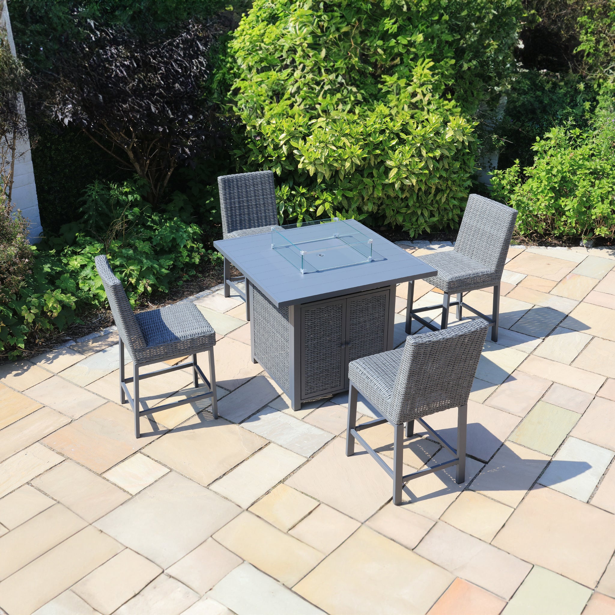 Brown Rattan 4 Seat Firepit Bar Set