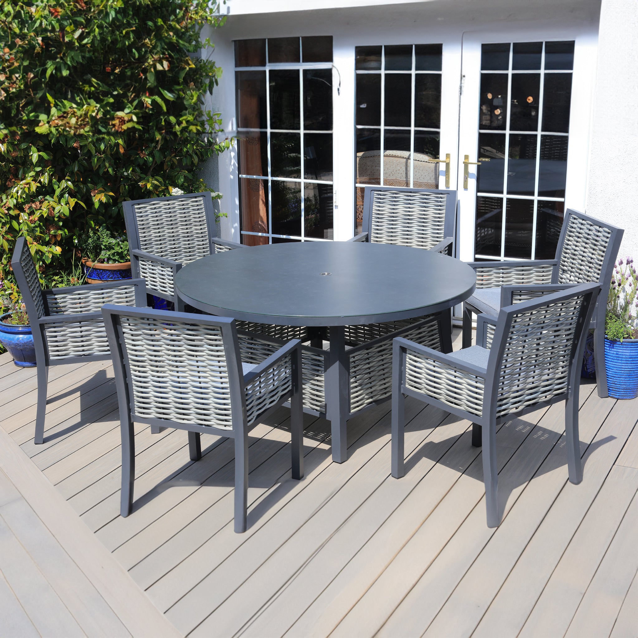 Aluminium / Rattan Weave 6 Seat Circular Dining Set