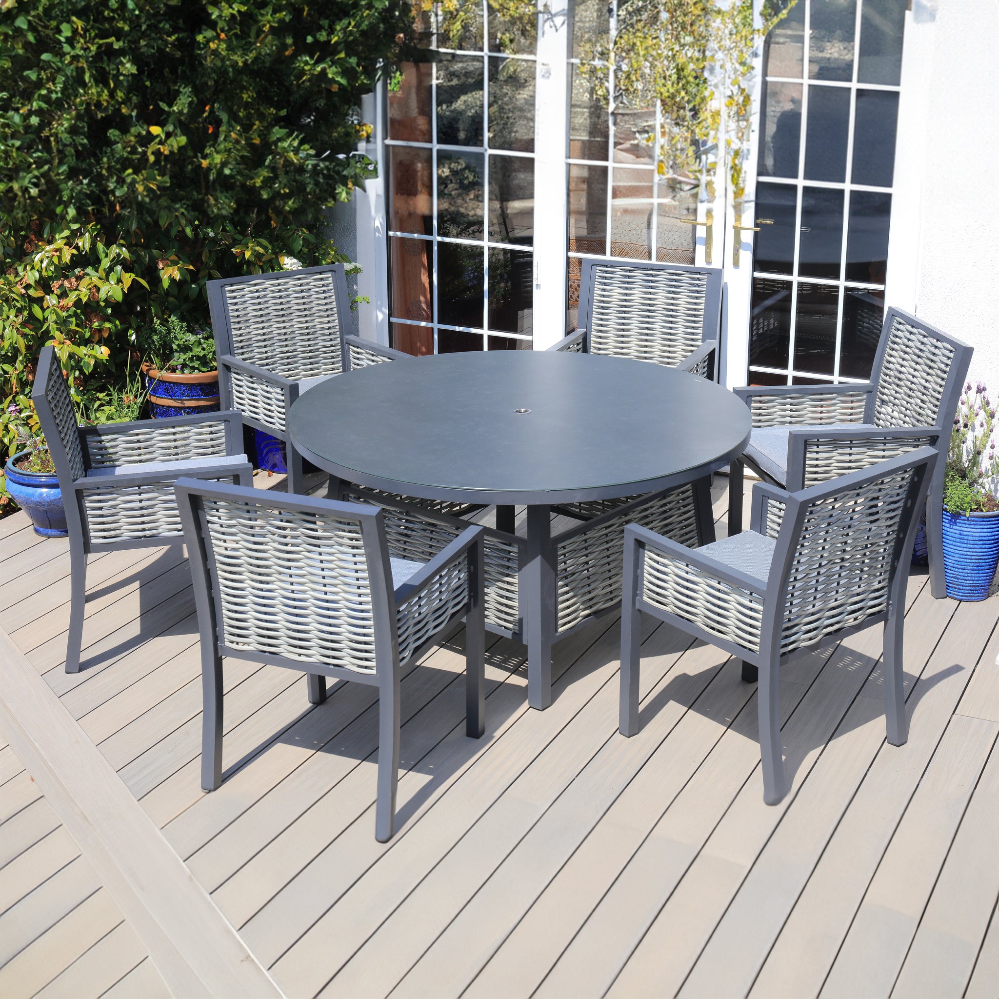 Aluminium / Rattan Weave 6 Seat Circular Dining Set