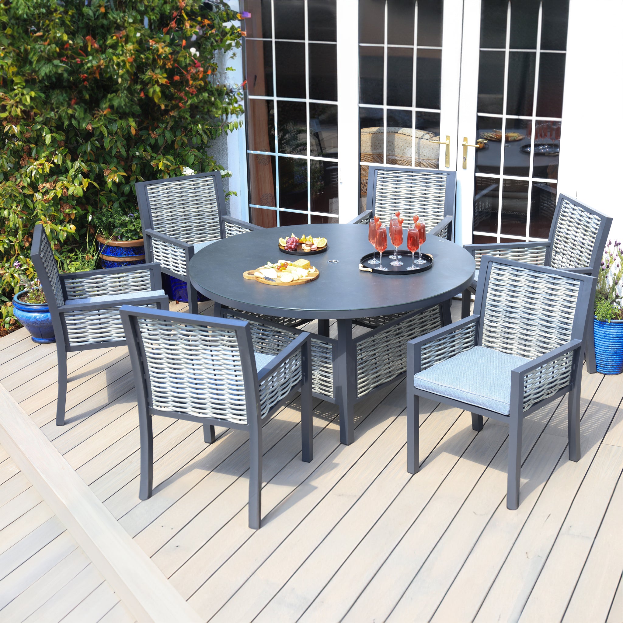 Aluminium / Rattan Weave 6 Seat Circular Dining Set