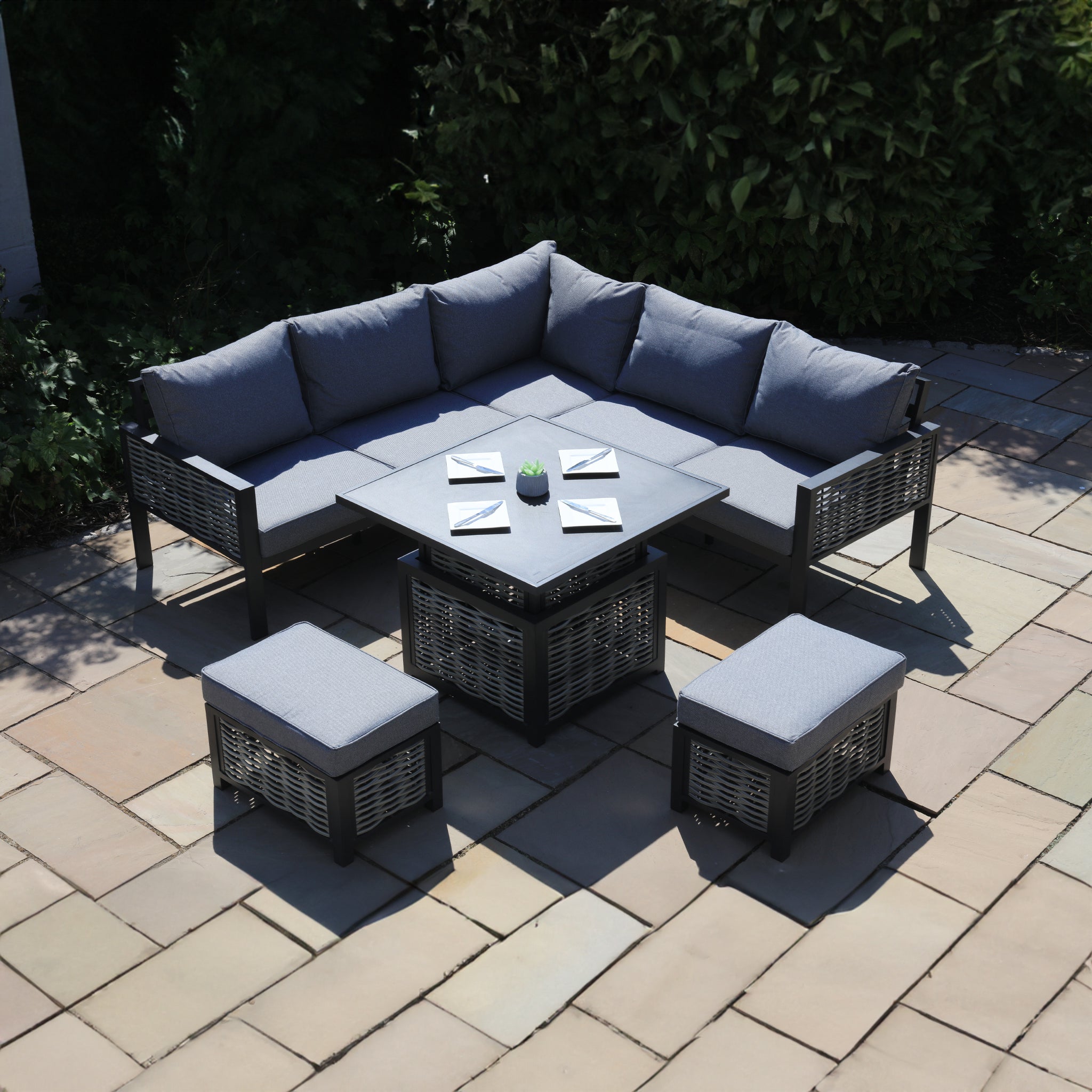 Aluminium / Rattan Weave Square Casual Rising Table Dining Set