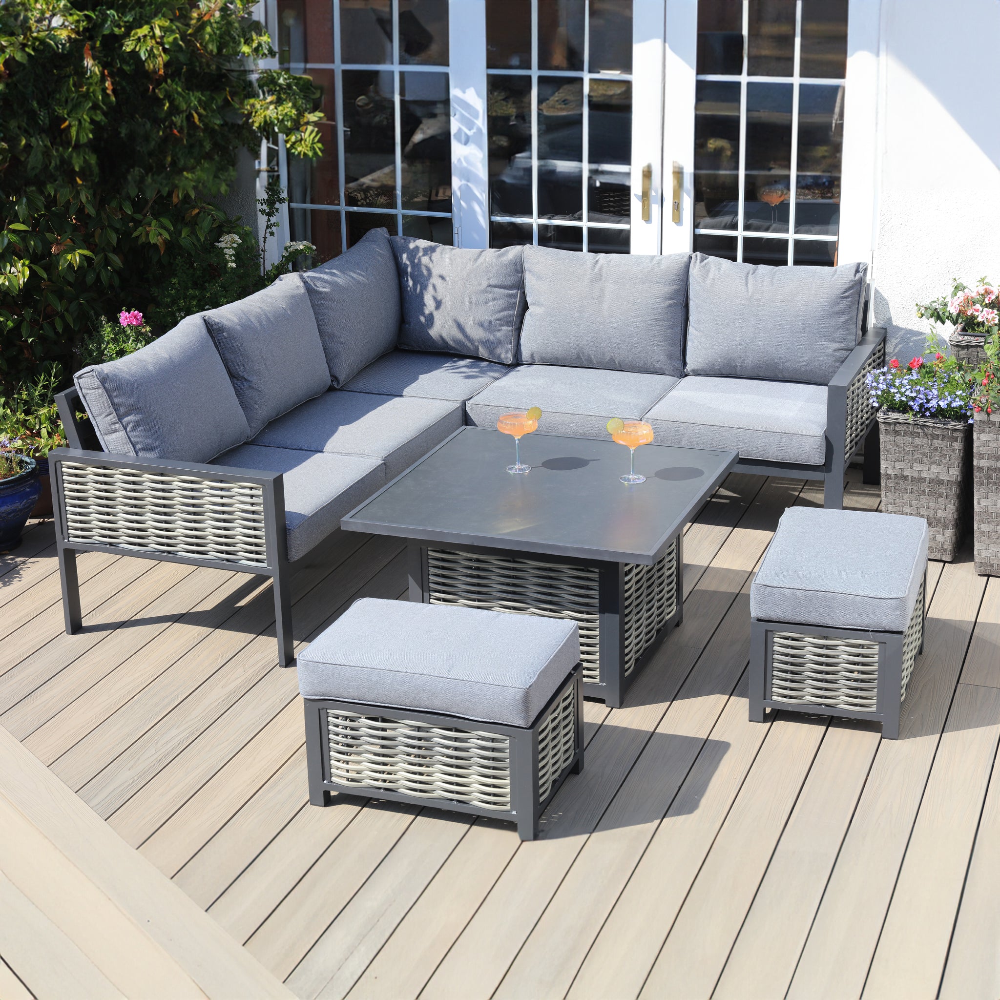Aluminium / Rattan Weave Square Casual Rising Table Dining Set