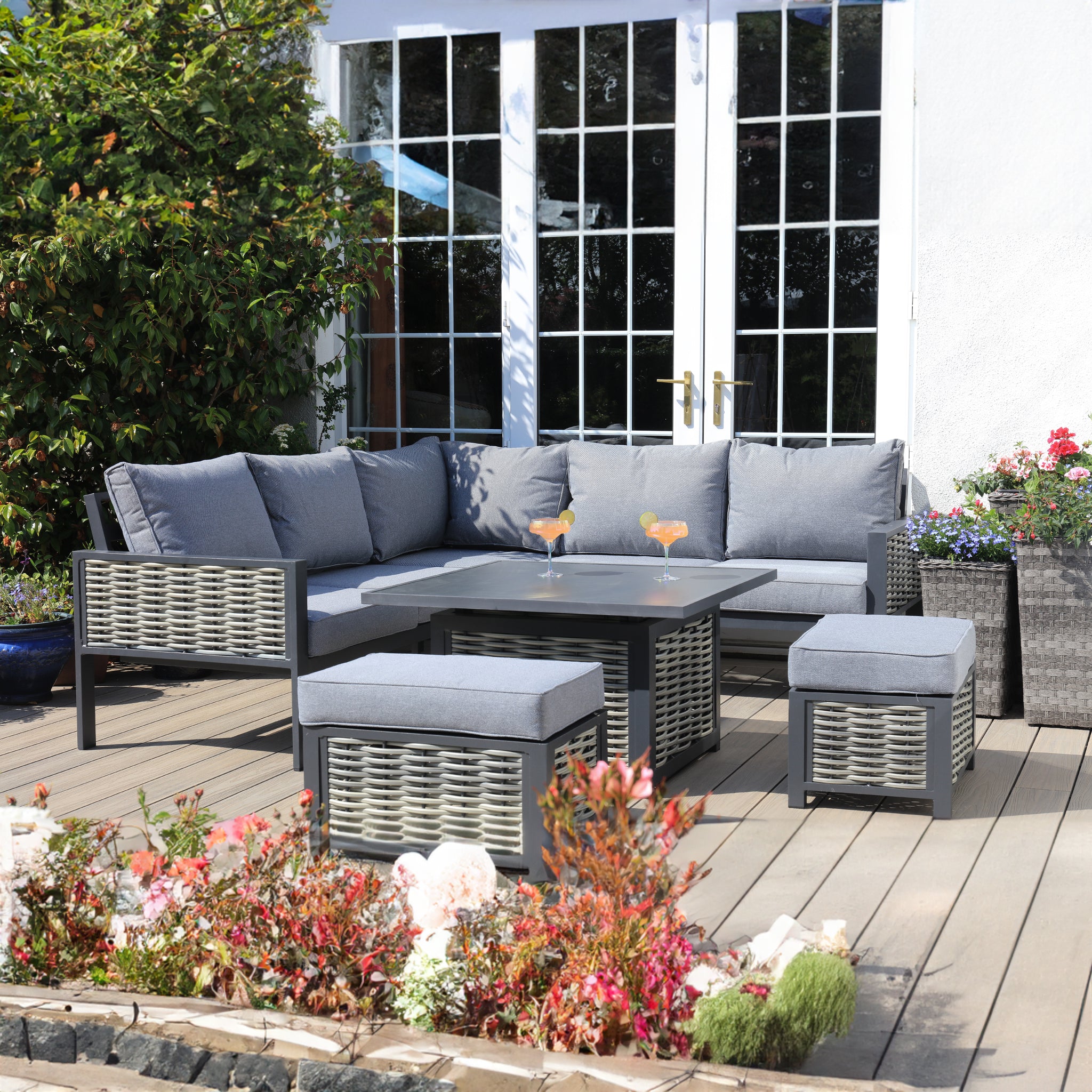 Aluminium / Rattan Weave Square Casual Rising Table Dining Set