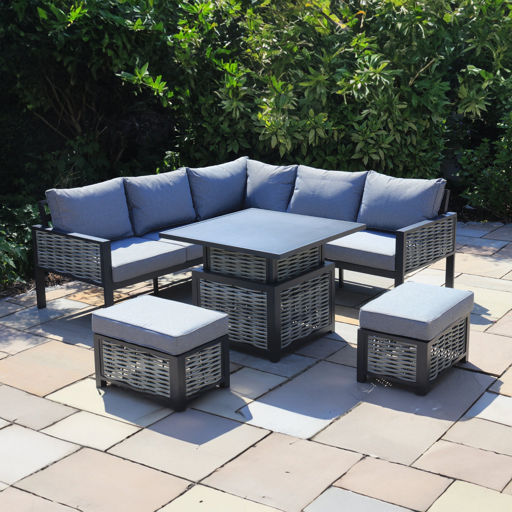 Aluminium / Rattan Weave Square Casual Rising Table Dining Set