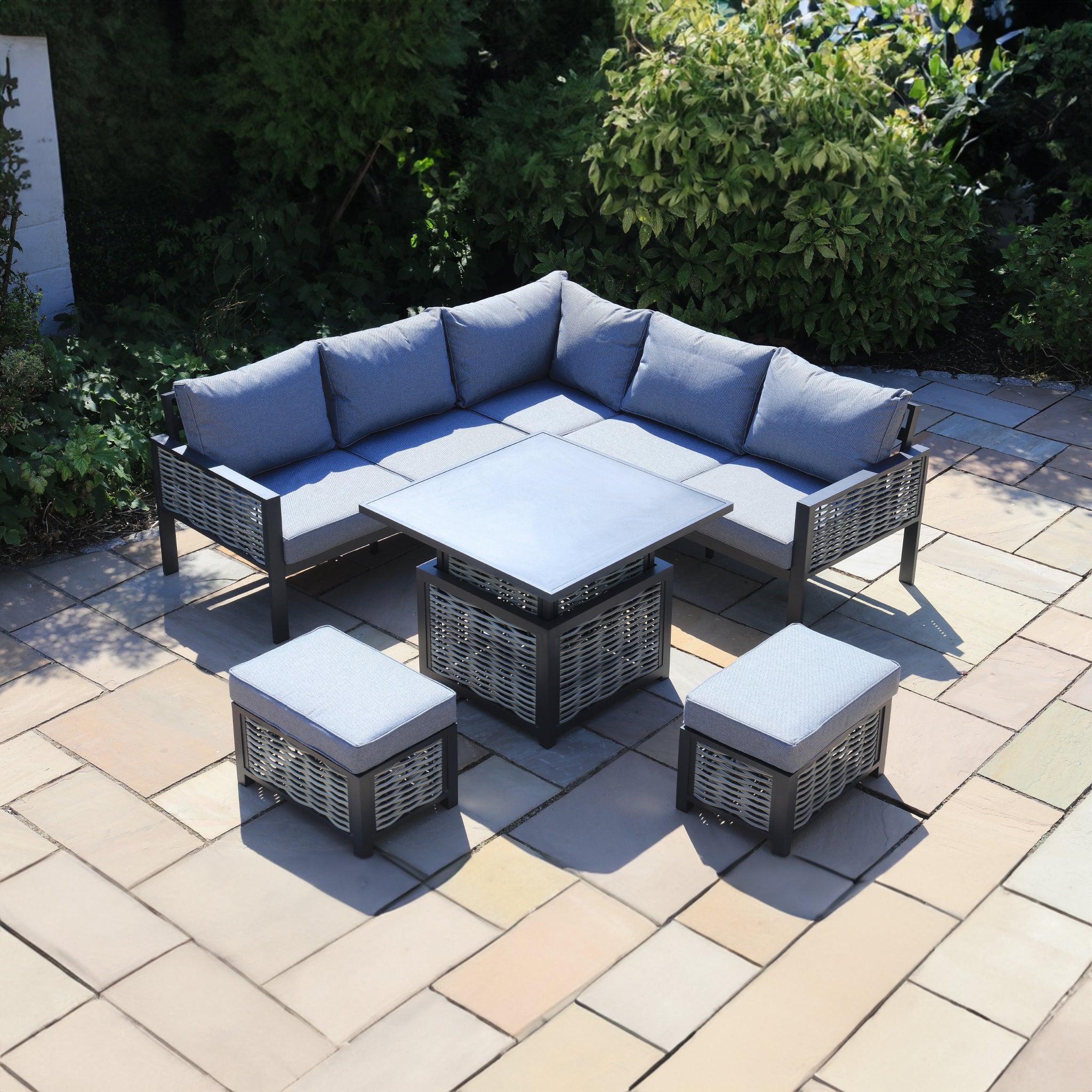 Aluminium / Rattan Weave Square Casual Rising Table Dining Set