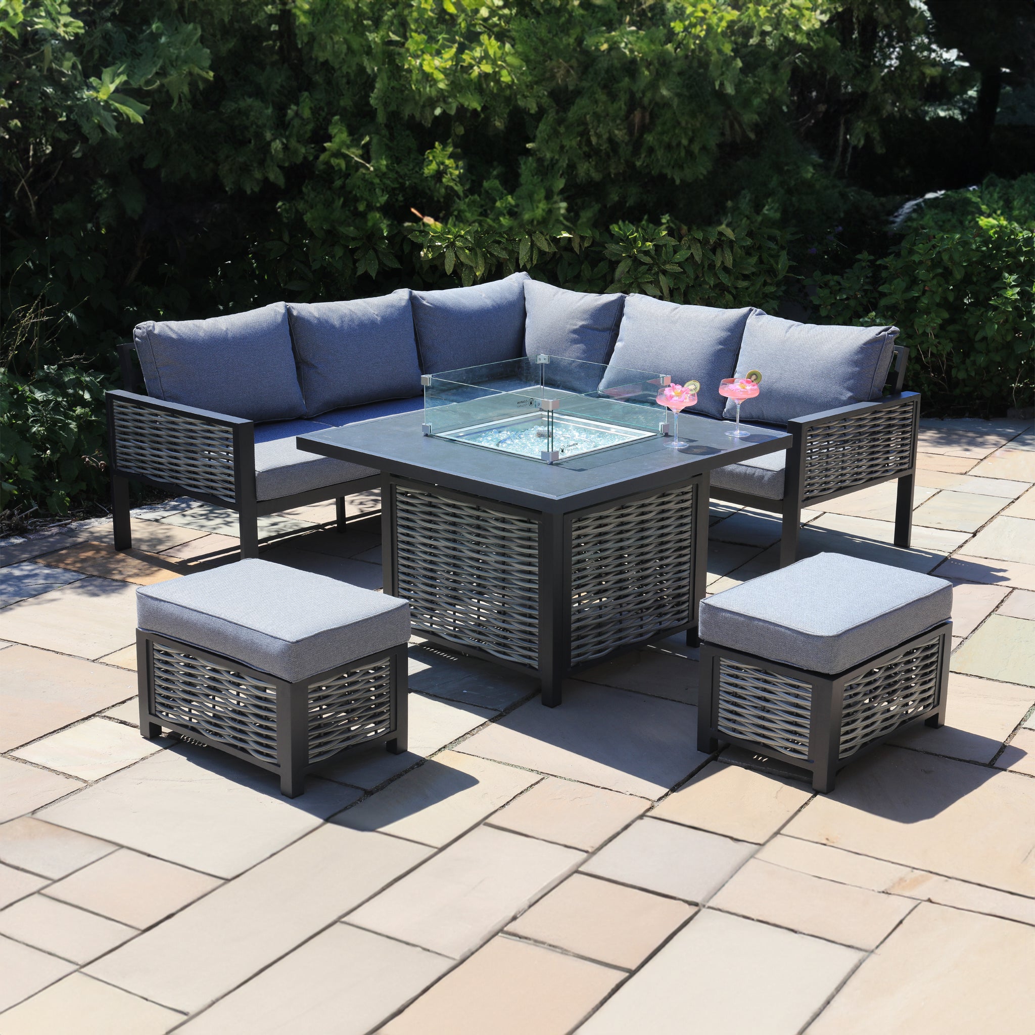 Weaved Rattan Small Casual Dining Set with Firepit Table